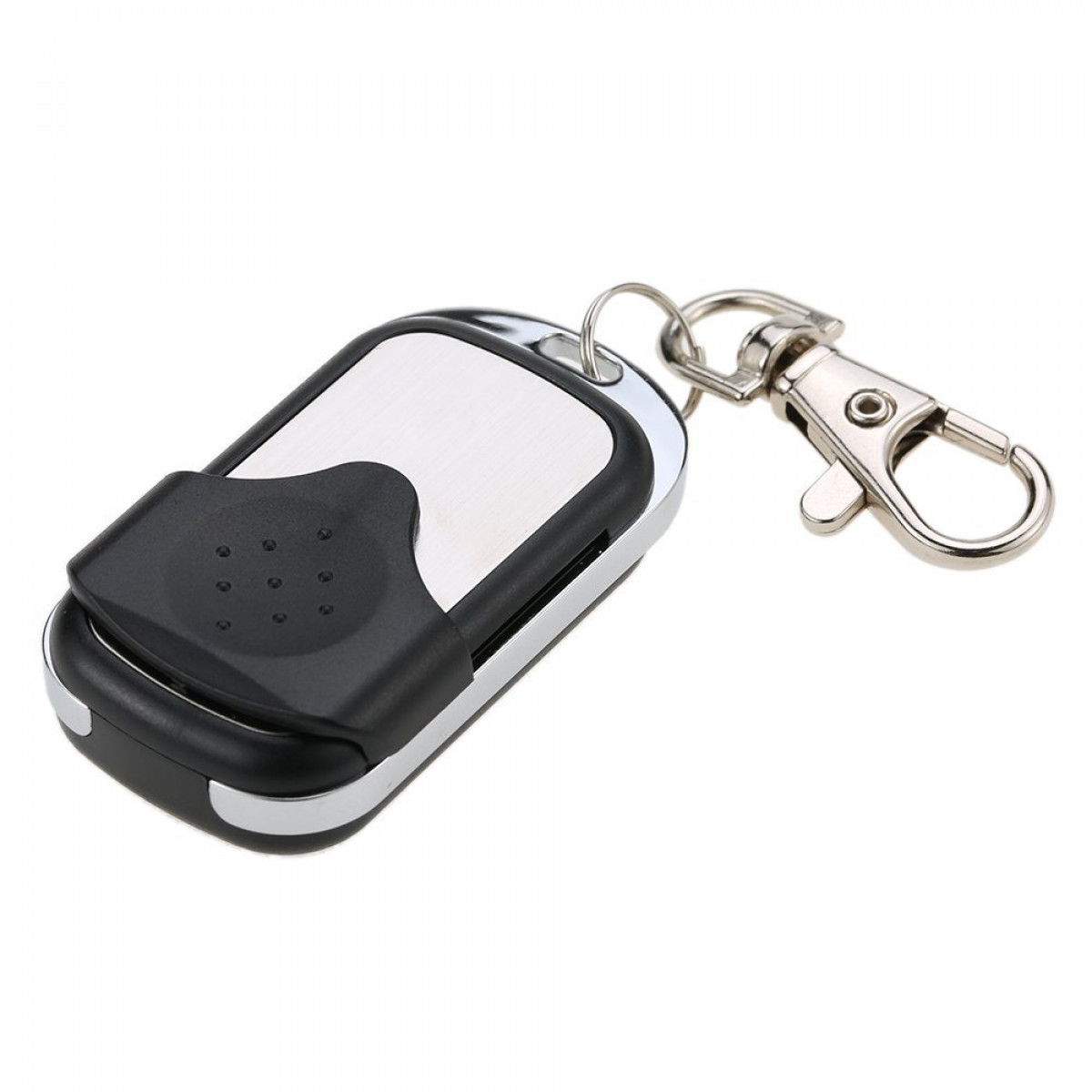 Czarny i srebrny pilot z mocowaniem do breloczka na białym tle.