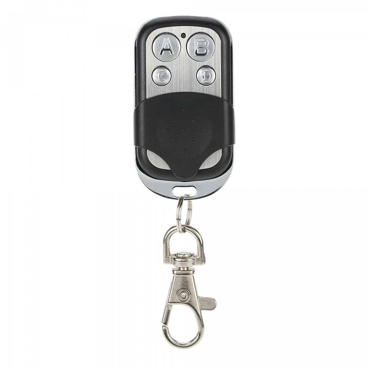 Czarny i chromowany pilot z czterema przyciskami oznaczonymi A, B, C i D oraz mocowaniem na brelok.