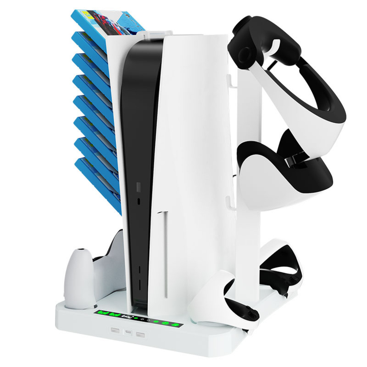 Biały stojak na PS5 i zestaw słuchawkowy VR, z etui na gry i stacjami ładującymi.