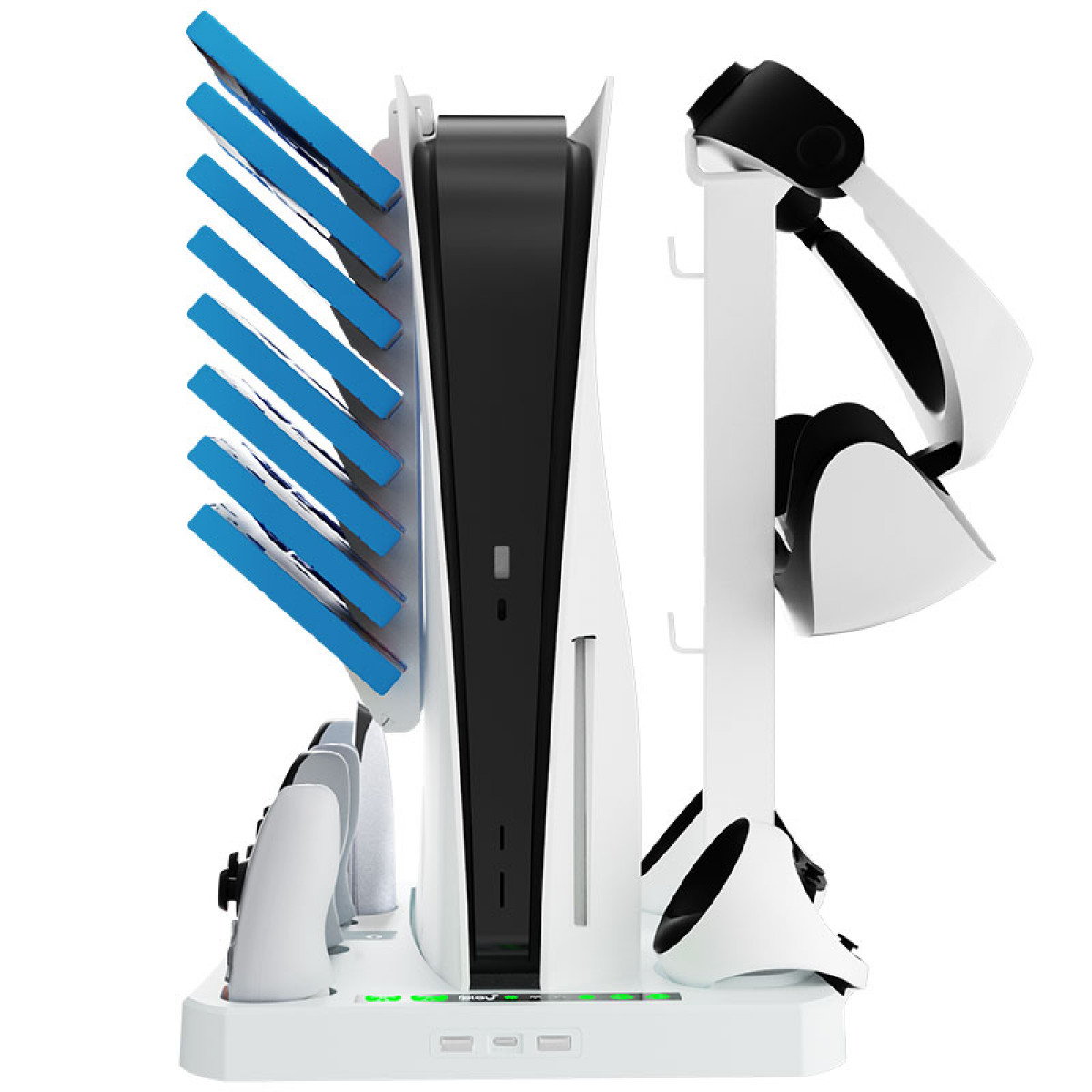 Biała konsola z PS5. Istnieje wiele kontrolerów i obudów do gier. Obecny jest również czarny zestaw słuchawkowy.