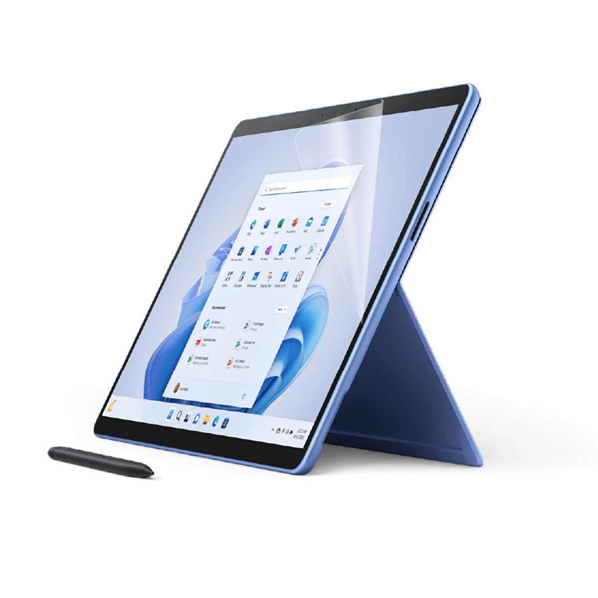Tablet Surface Go blu con pennino nero. Lo schermo mostra un'interfaccia Windows e app.