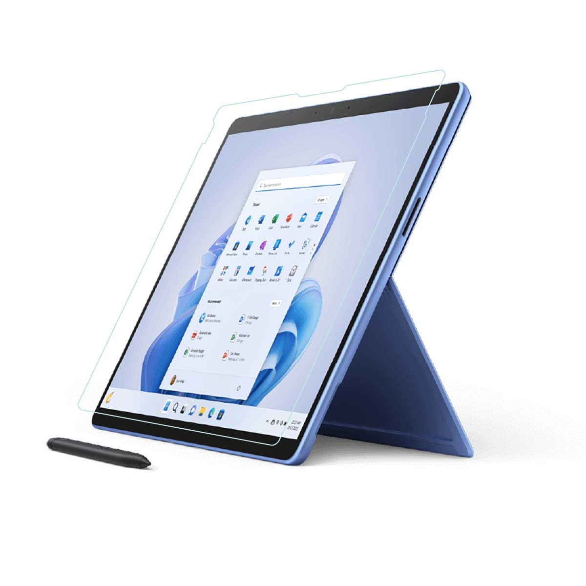 Ein blaues Tablet mit Displayschutz und einem Stift.