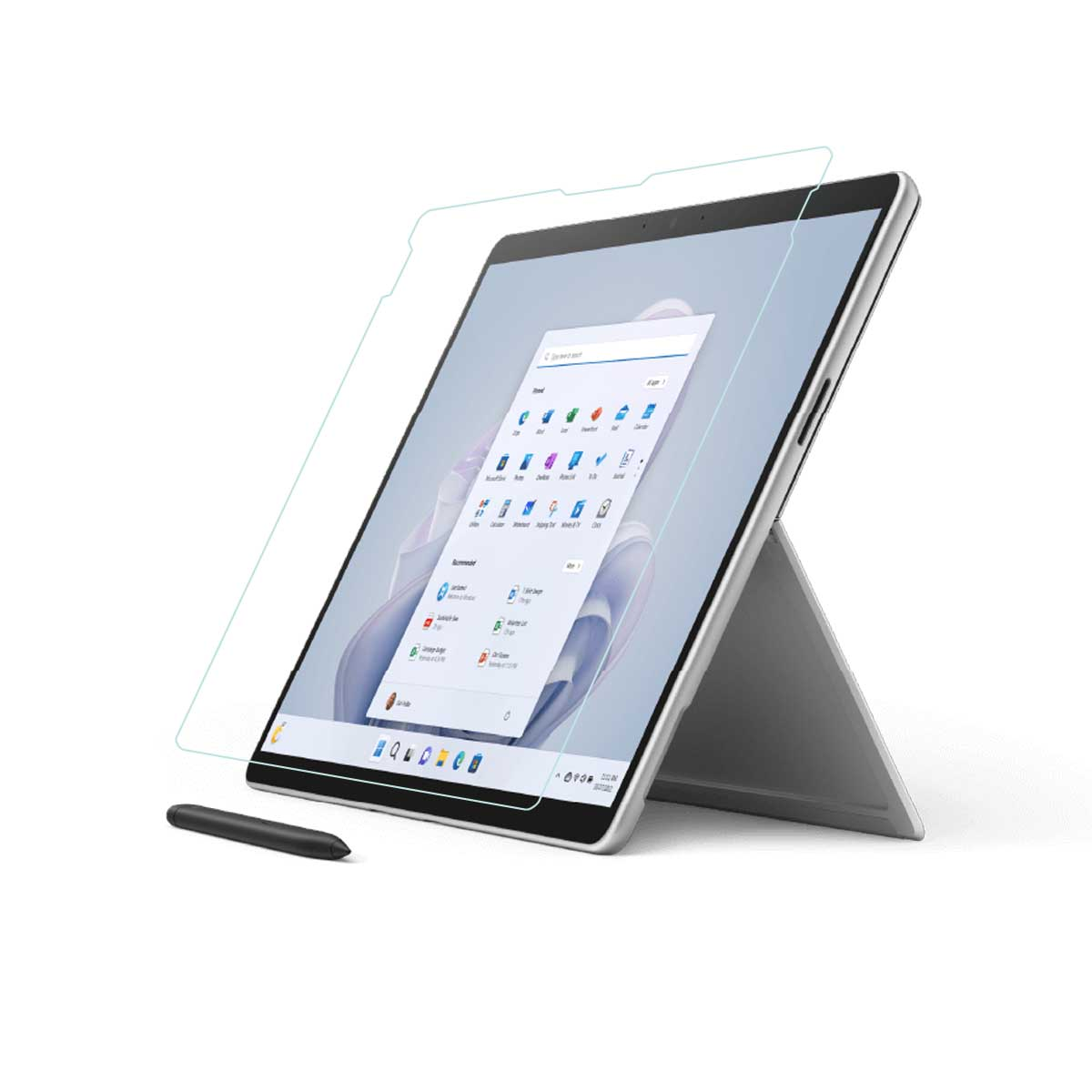 Tablet mit Displayschutzfolie und Eingabestift. Weißer Hintergrund.