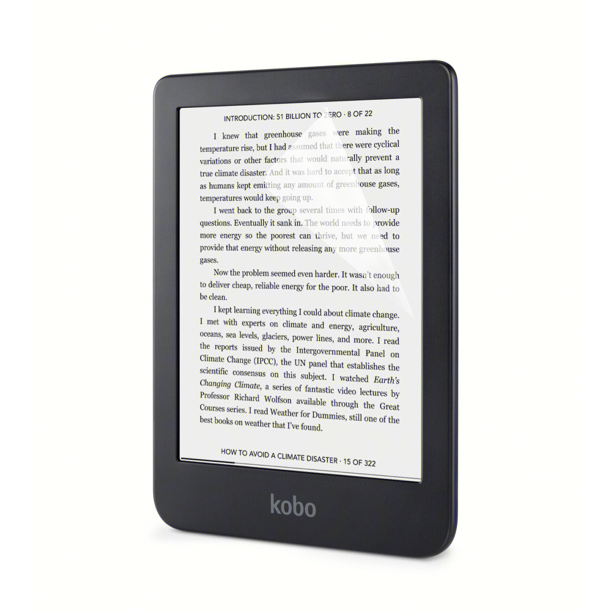 Lettore e-book Kobo nero con testo. Testo sul cambiamento climatico e i gas serra.