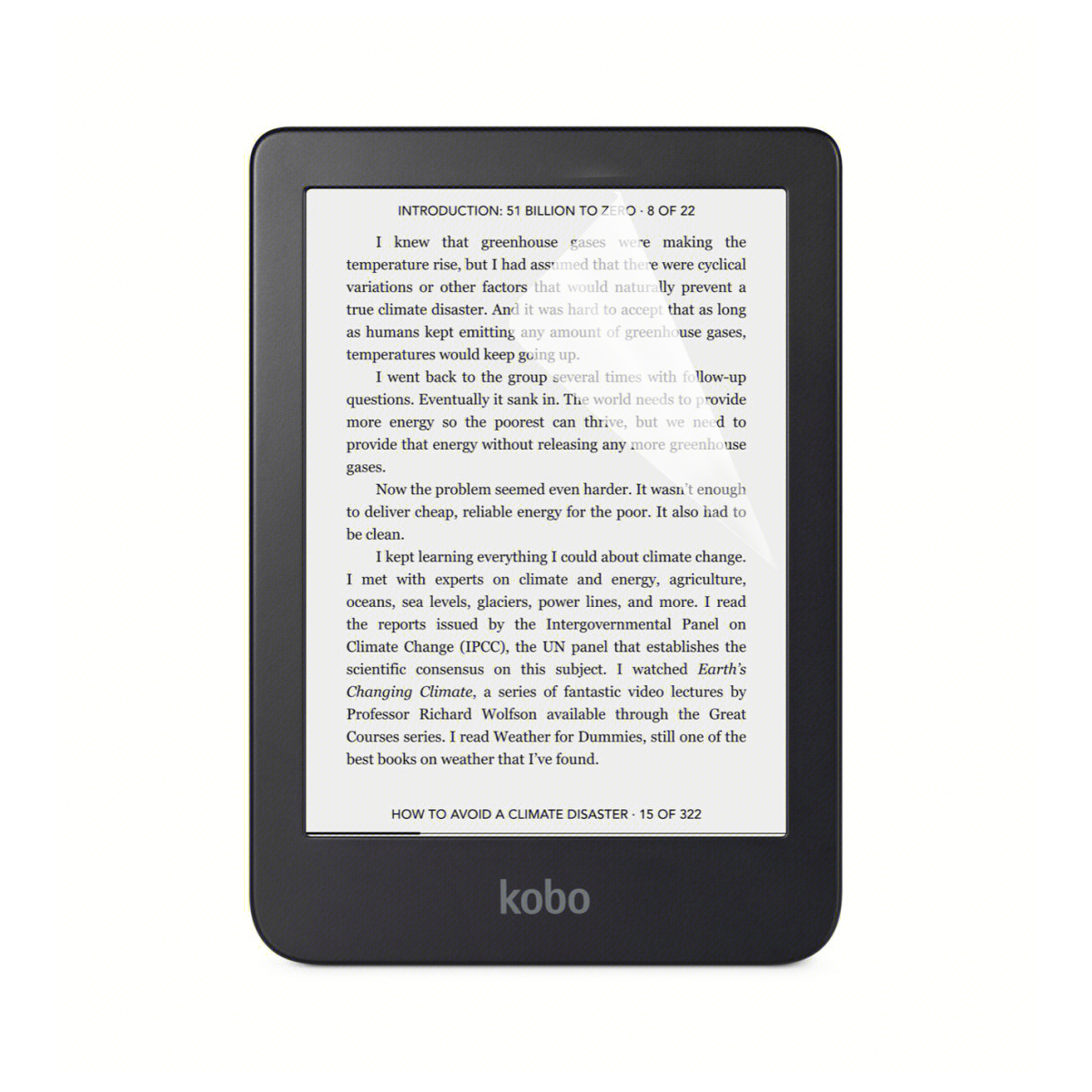 Un e-reader Kobo nero che mostra testo, con bordo nero e logo Kobo in basso.