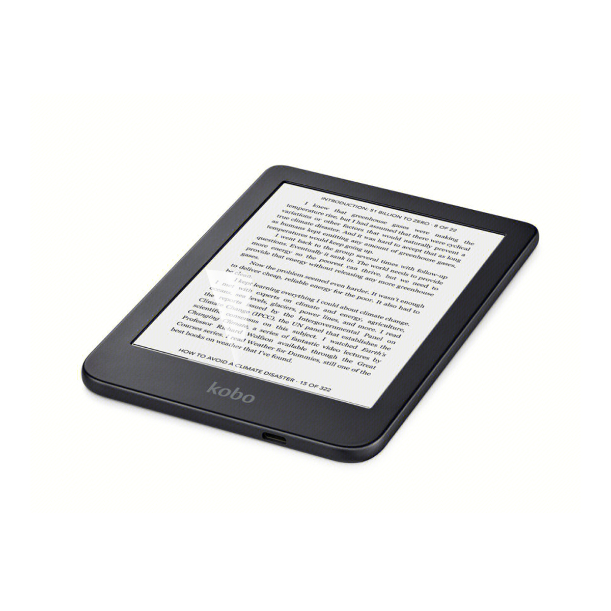 E-reader nero con testo sullo schermo. L'e-reader è su sfondo bianco, leggermente inclinato.