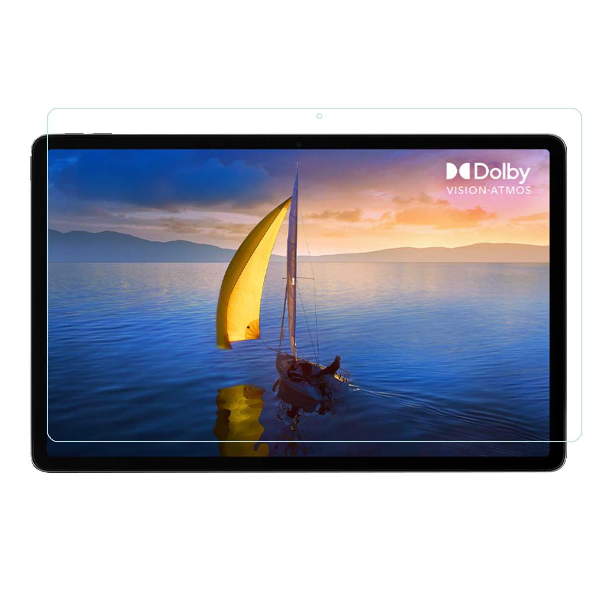 Un tablet con una protezione per lo schermo, che mostra un'immagine panoramica di una barca a vela sull'acqua.