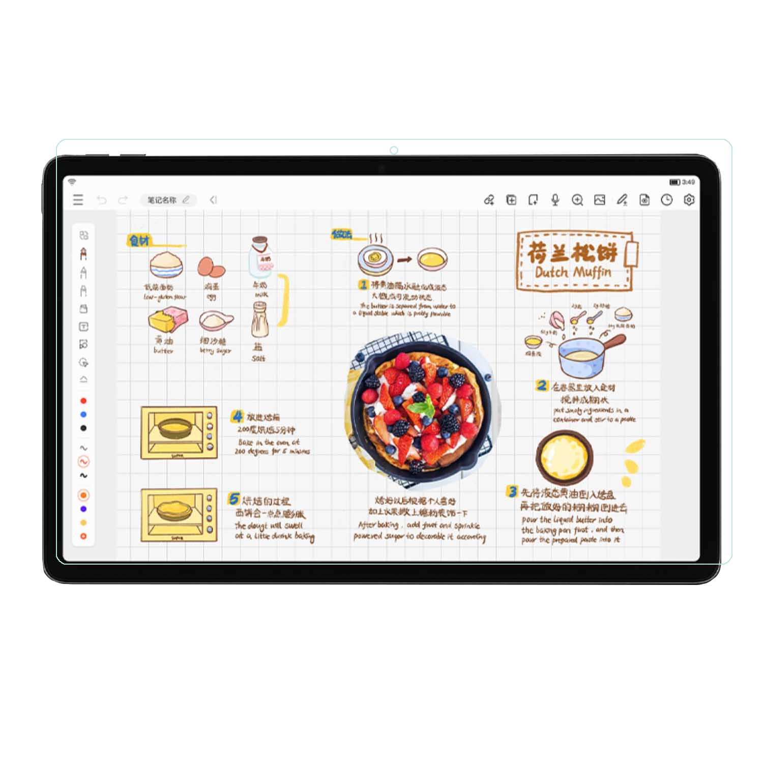 Uno schermo di tablet con una ricetta e illustrazioni per muffin olandesi e una protezione per lo schermo.