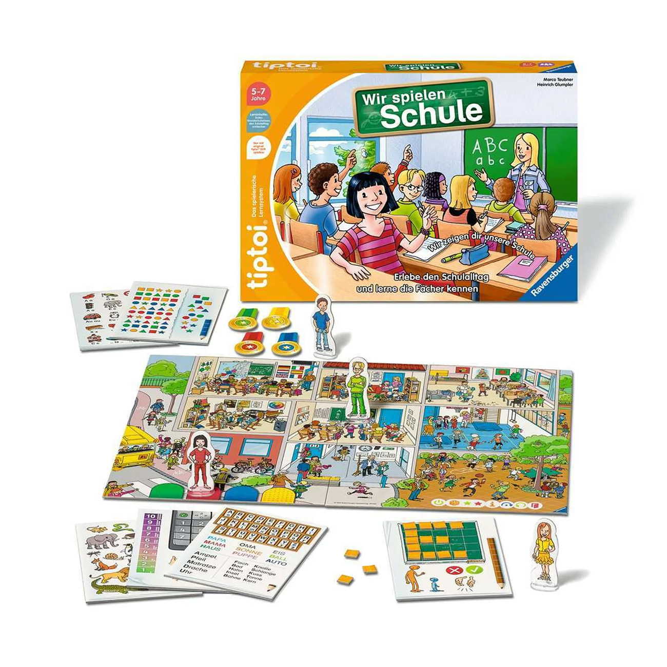 Eine Brettspielbox. Eine bunte Illustration von Kindern in der Schule befindet sich auf dem Deckel.