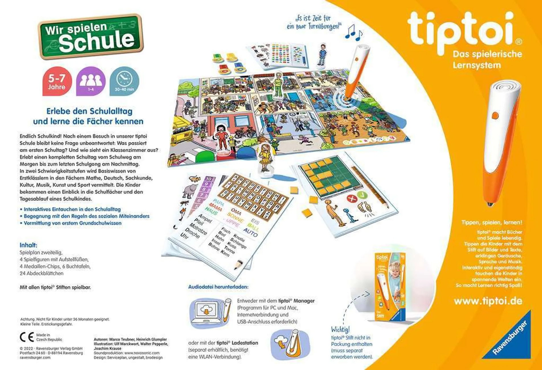 Tiptoi Lernspielbox mit Spielbrett und Stift. Bunte Illustration einer Schulszene.