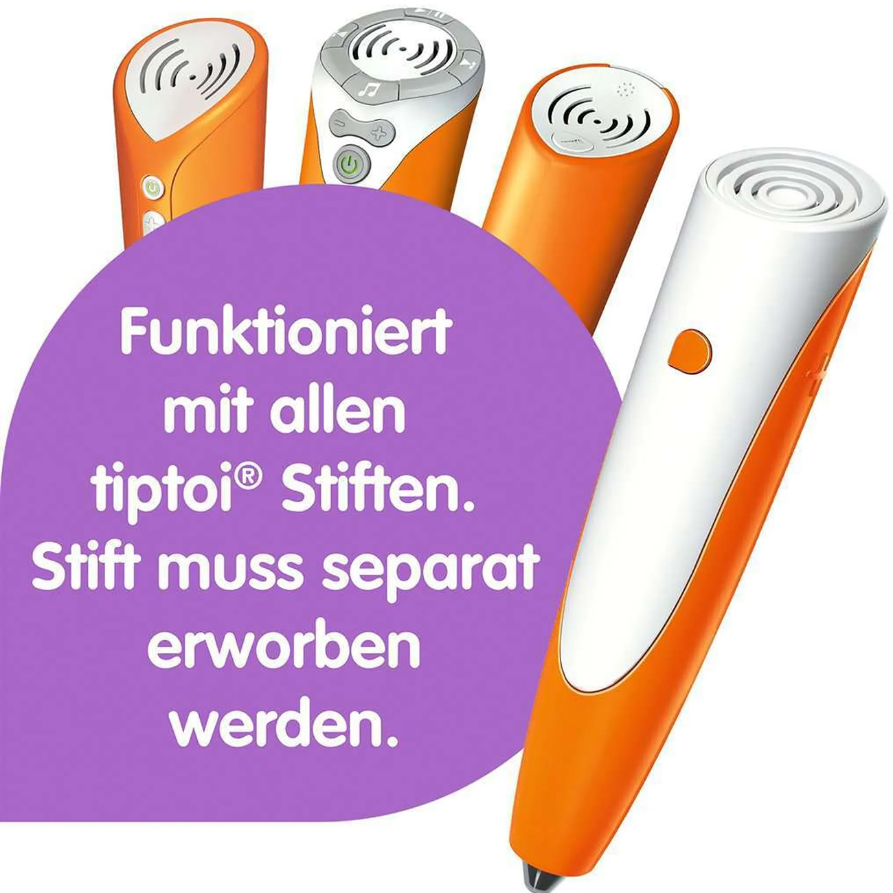 Vier orangefarbene tiptoi Stifte mit Text. Ein Stift steht aufrecht, andere sind abgewinkelt.