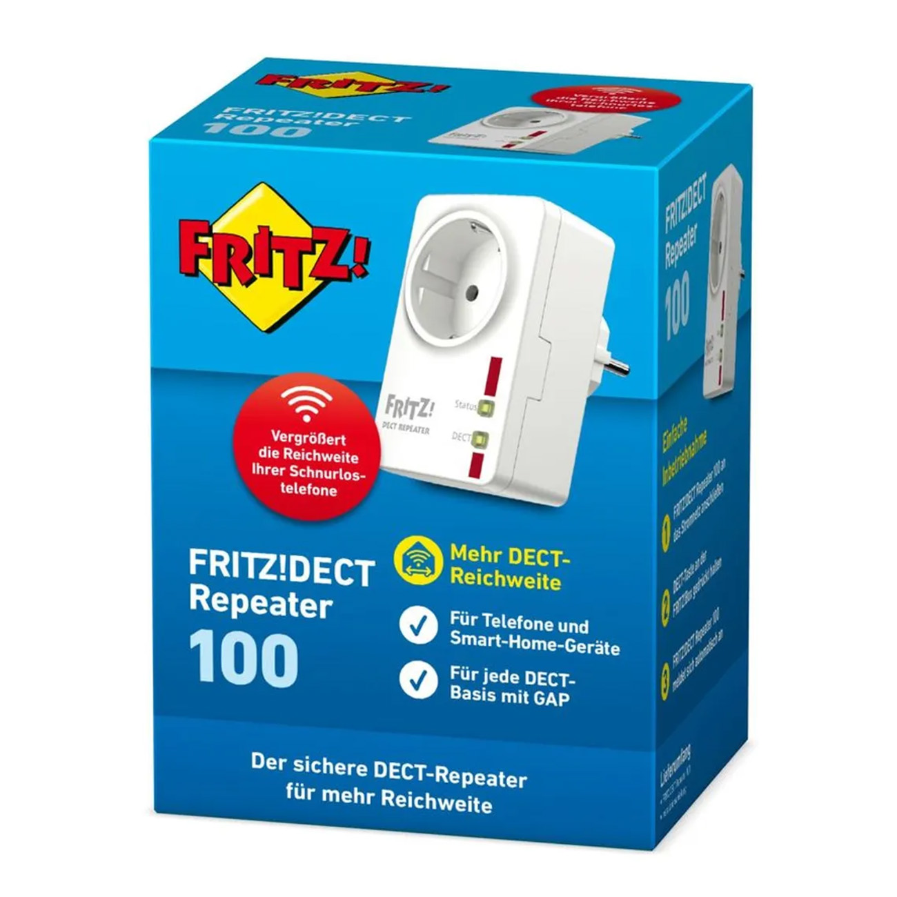 Une boîte bleue et blanche d'un FRITZ!DECT Repeater 100, avec un répéteur et une prise.