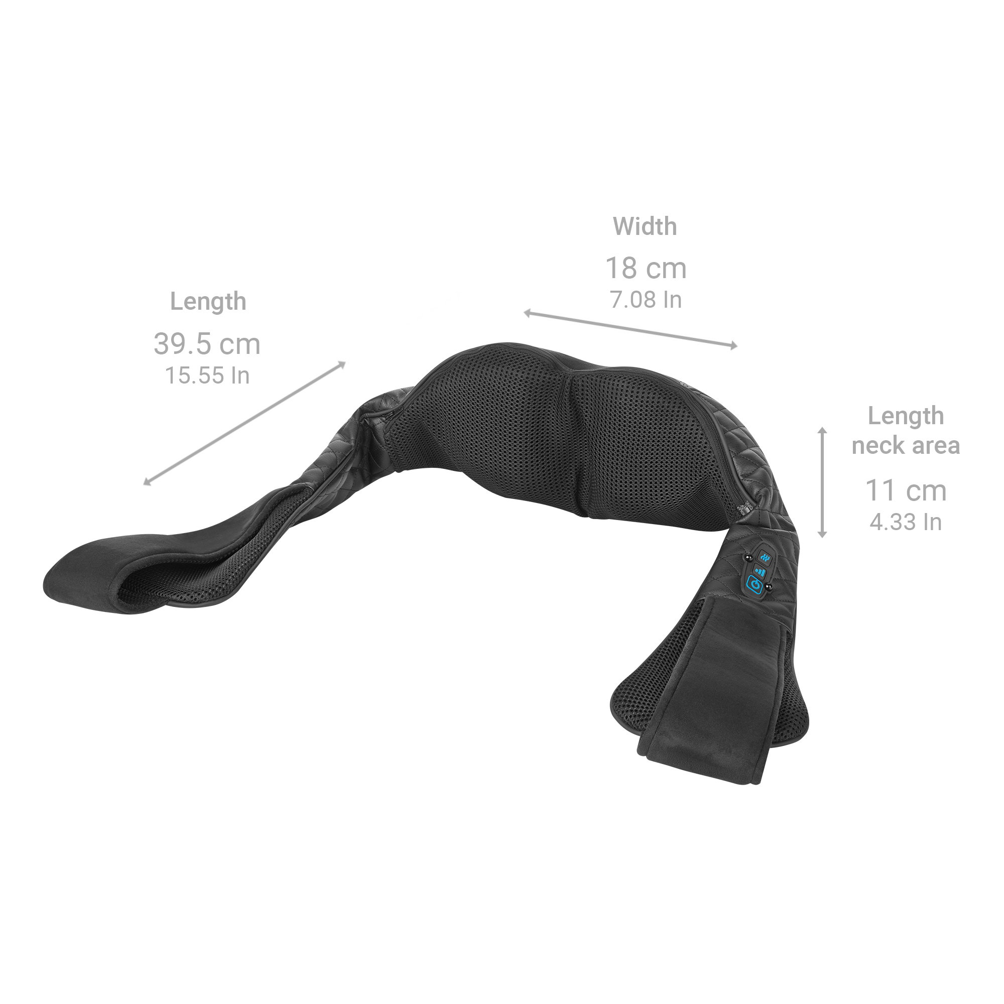 Czarne urządzenie do masażu. Ma wymiary: długość 39,5 cm, szerokość 18 cm, obszar szyi 11 cm.