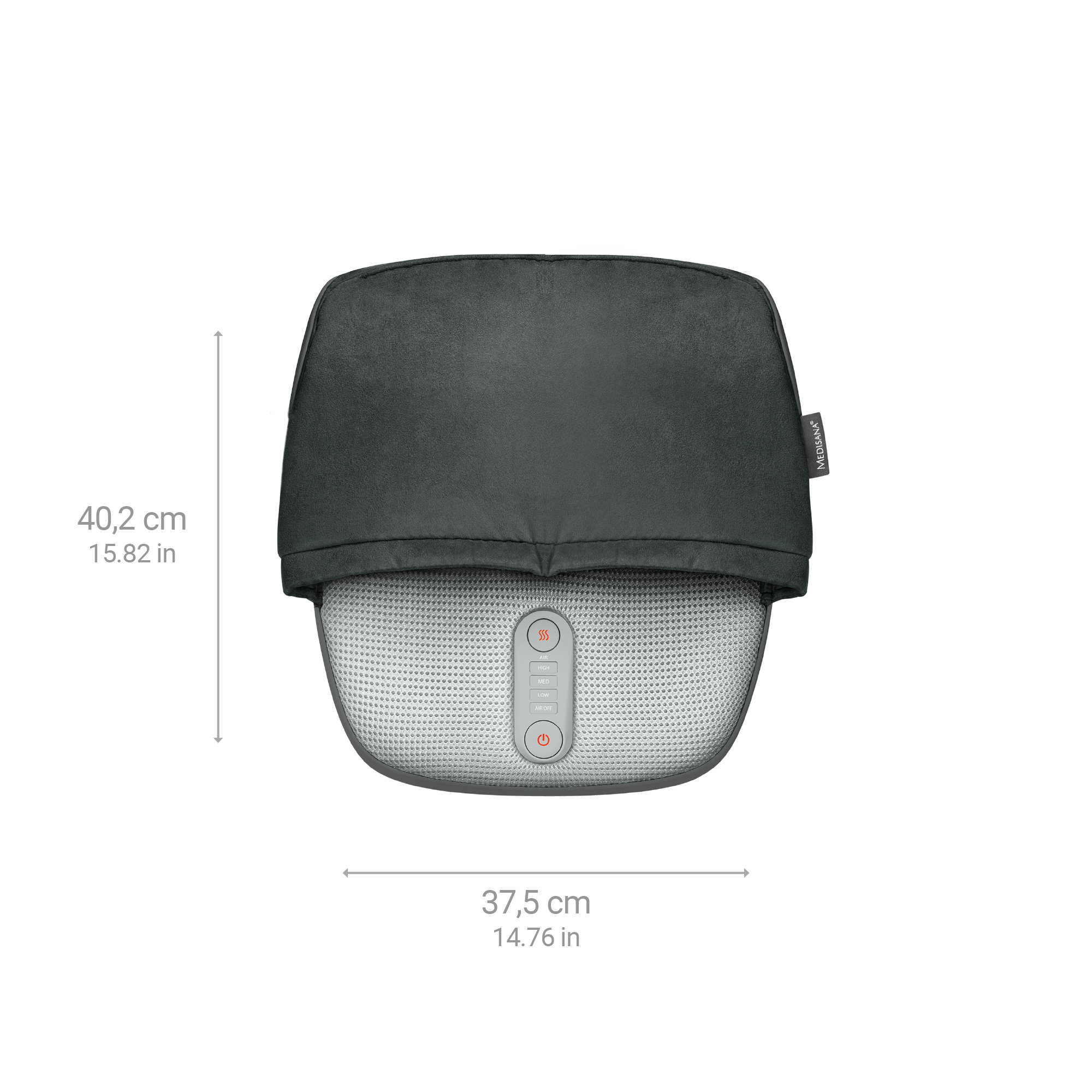 Biały masażer do stóp z przyciskami. Jest pokryty czarną osłoną z tkaniny, z wymiarami.