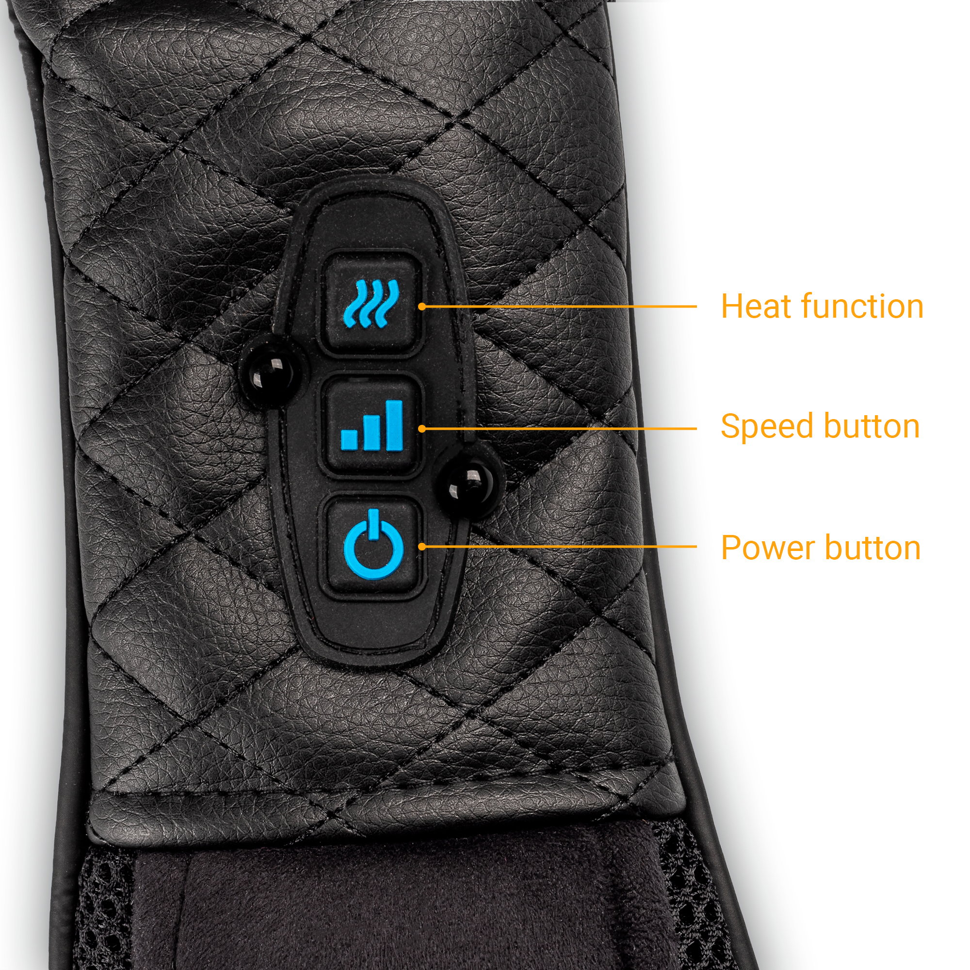 Czarne urządzenie do masażu z trzema przyciskami oznaczonymi: ciepło, prędkość i zasilanie, na powierzchni w romby.