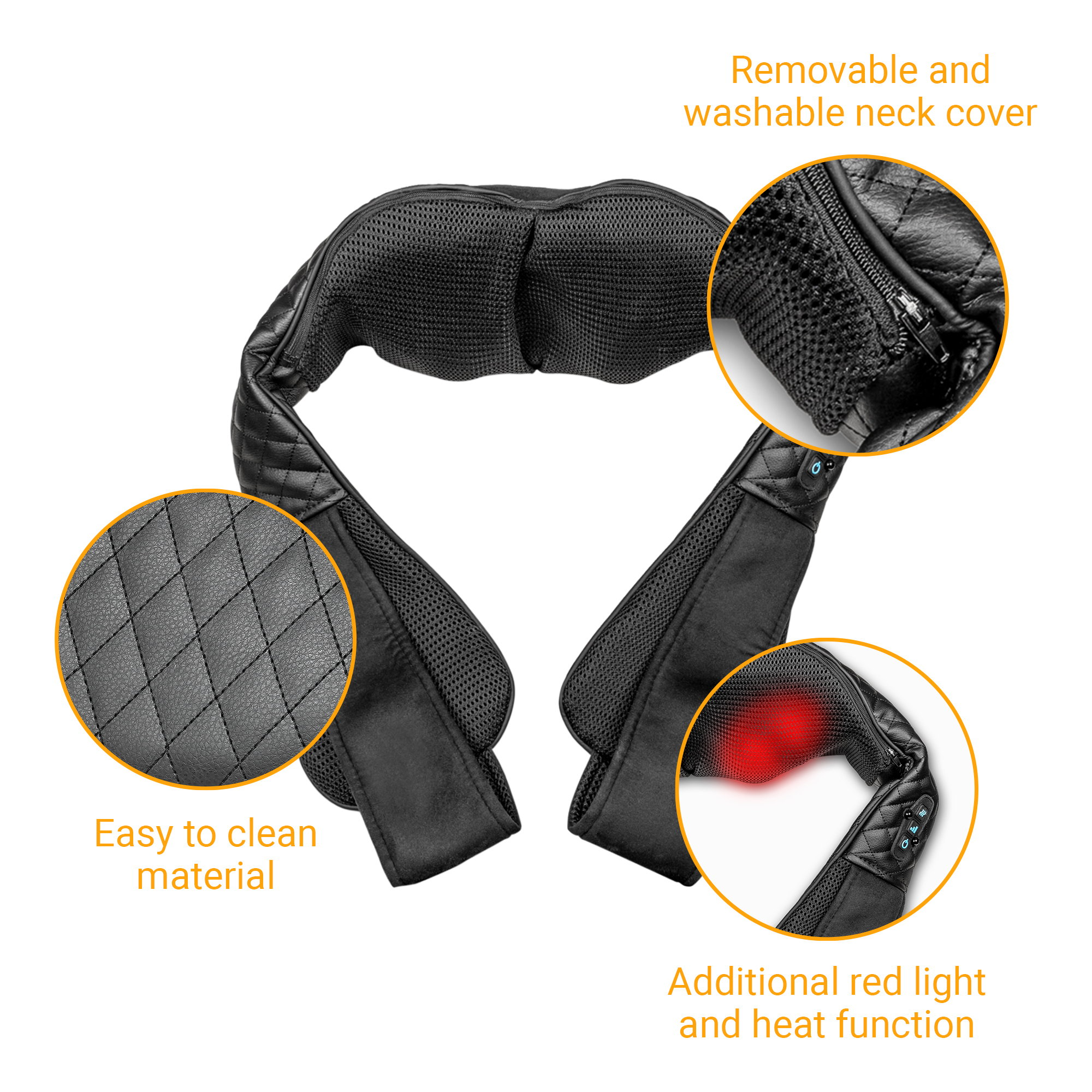 Czarne urządzenie do masażu z funkcją ciepła i czerwonego światła. Cechy: zdejmowana osłona szyi, łatwe czyszczenie.