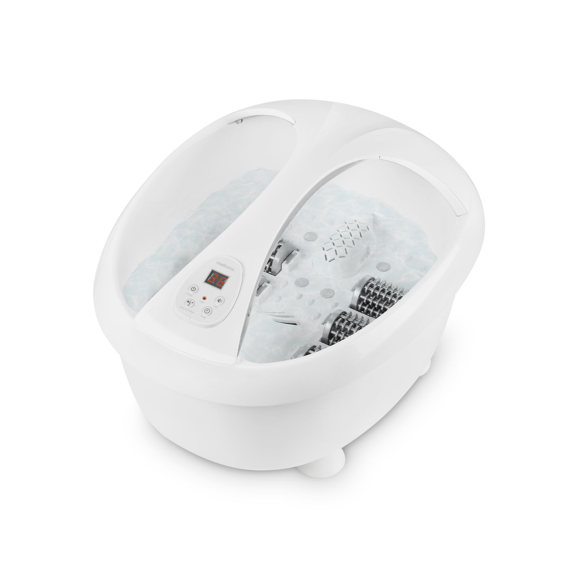 White foot spa with a control panel. The spa contains water and foot massagers.