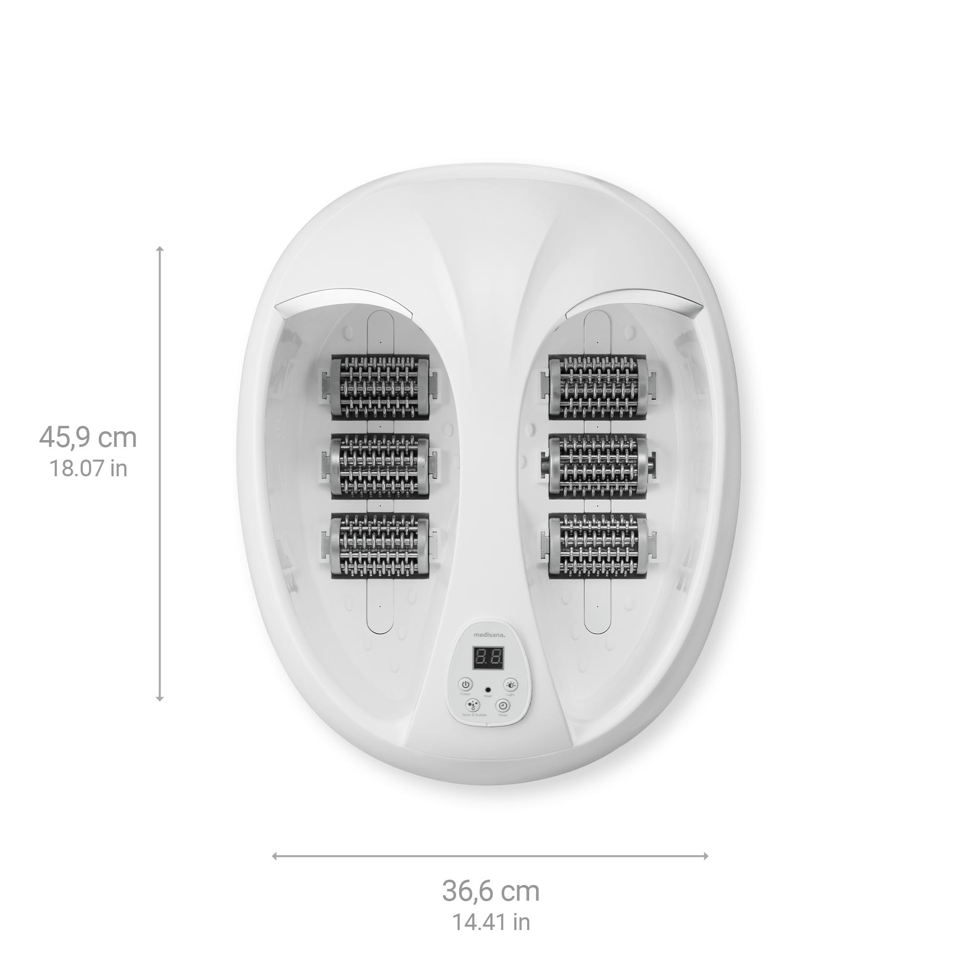 White foot spa with rotating massagers, dimensions visible. Top view.