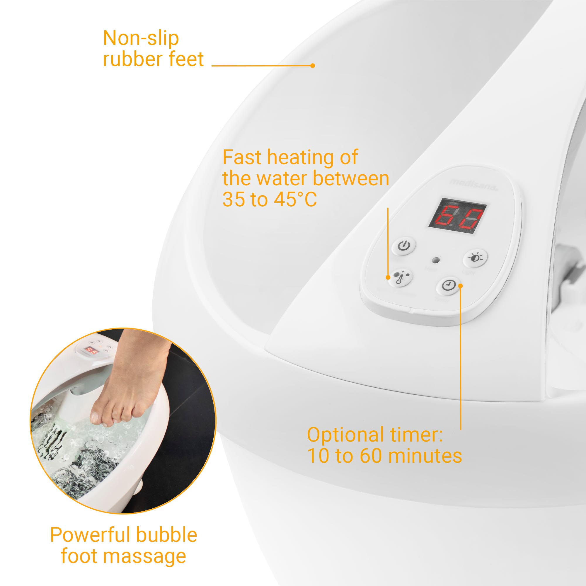 White foot spa with a foot inside. The control panel displays the temperature.