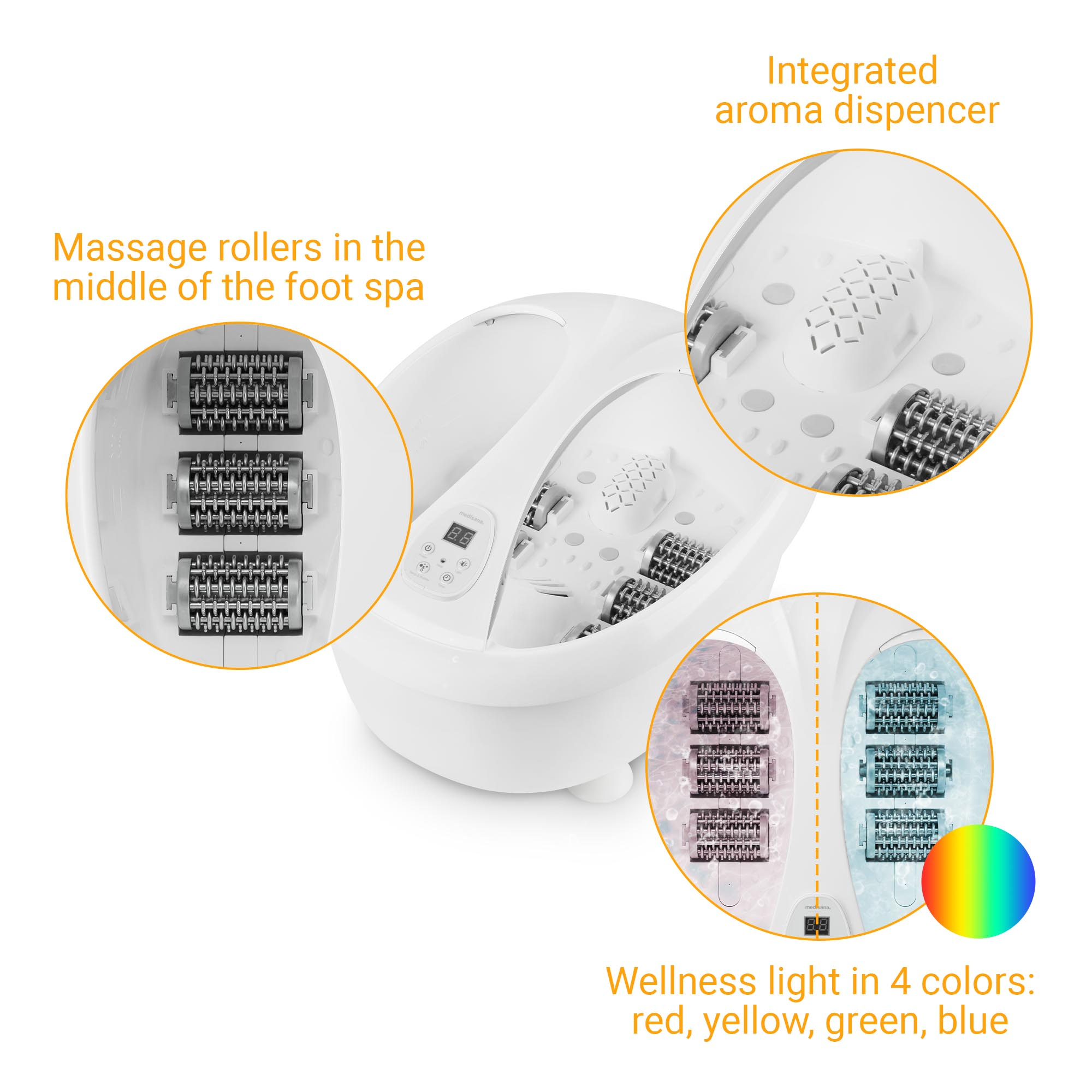 White foot spa with massage rollers and wellness light in 4 colors.