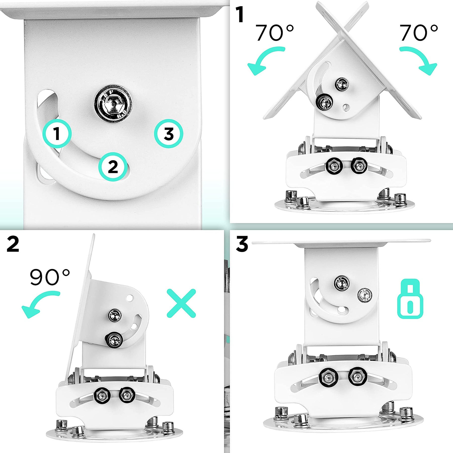 Soporte metálico blanco con brazos ajustables. Ángulos 70° y 90° mostrados. Tornillos visibles.