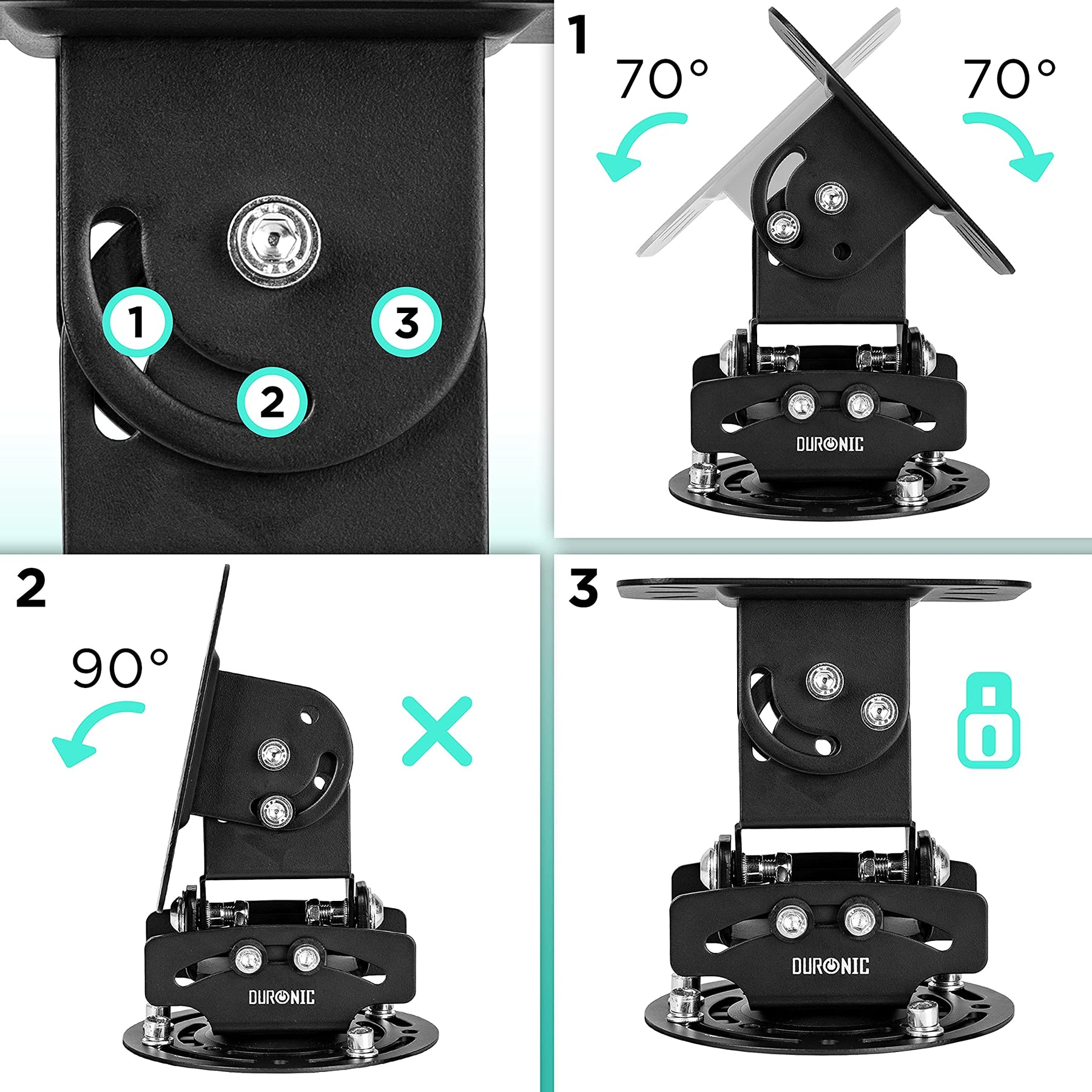 Soporte metálico negro para pantalla, con diferentes ángulos y ajustes. Tornillos y piezas visibles.