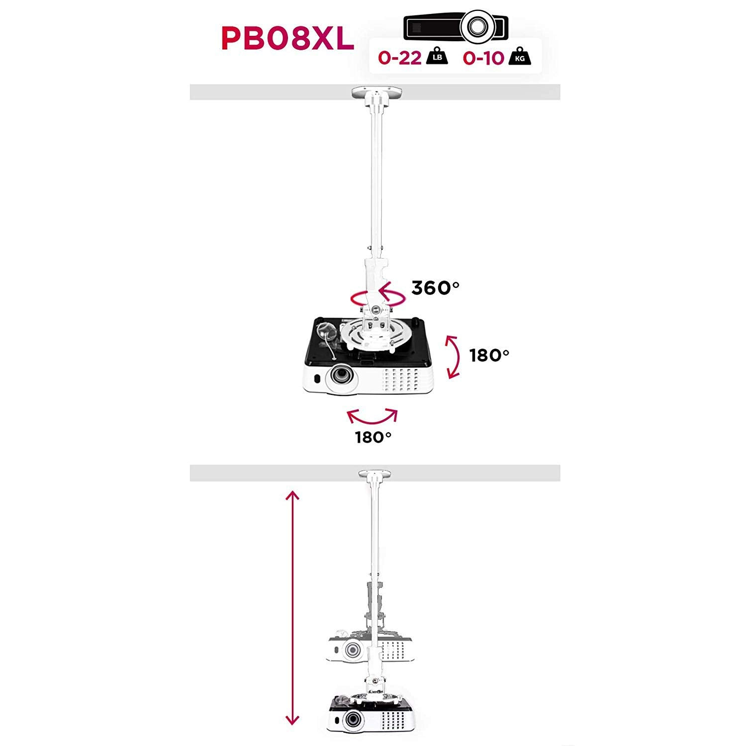 Proyector colgando del techo, con flechas que muestran rotación y ángulos de ajuste.