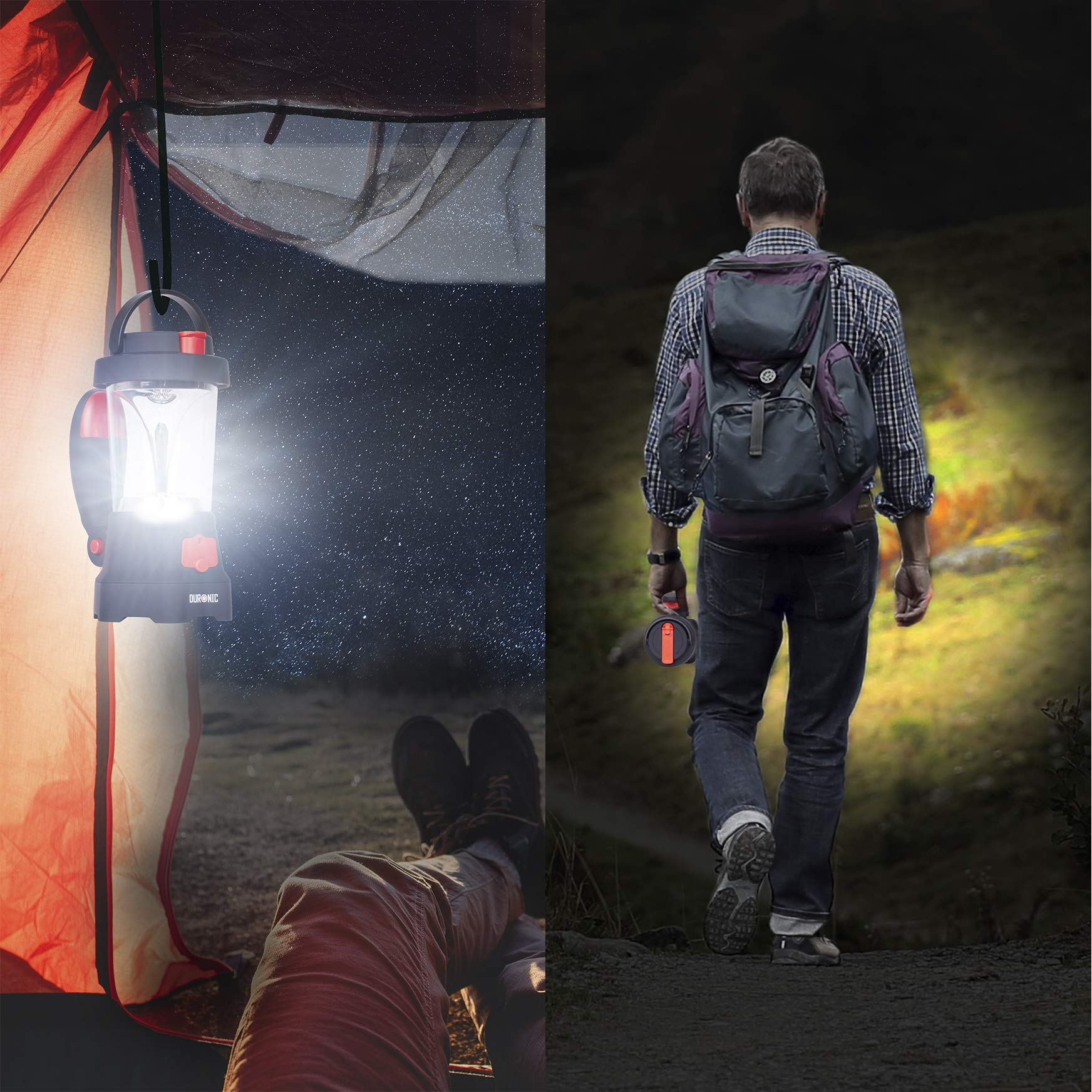 Zwei Bilder: eine Laterne, die ein Zelt beleuchtet, und eine Person, die nachts mit einer Taschenlampe geht.