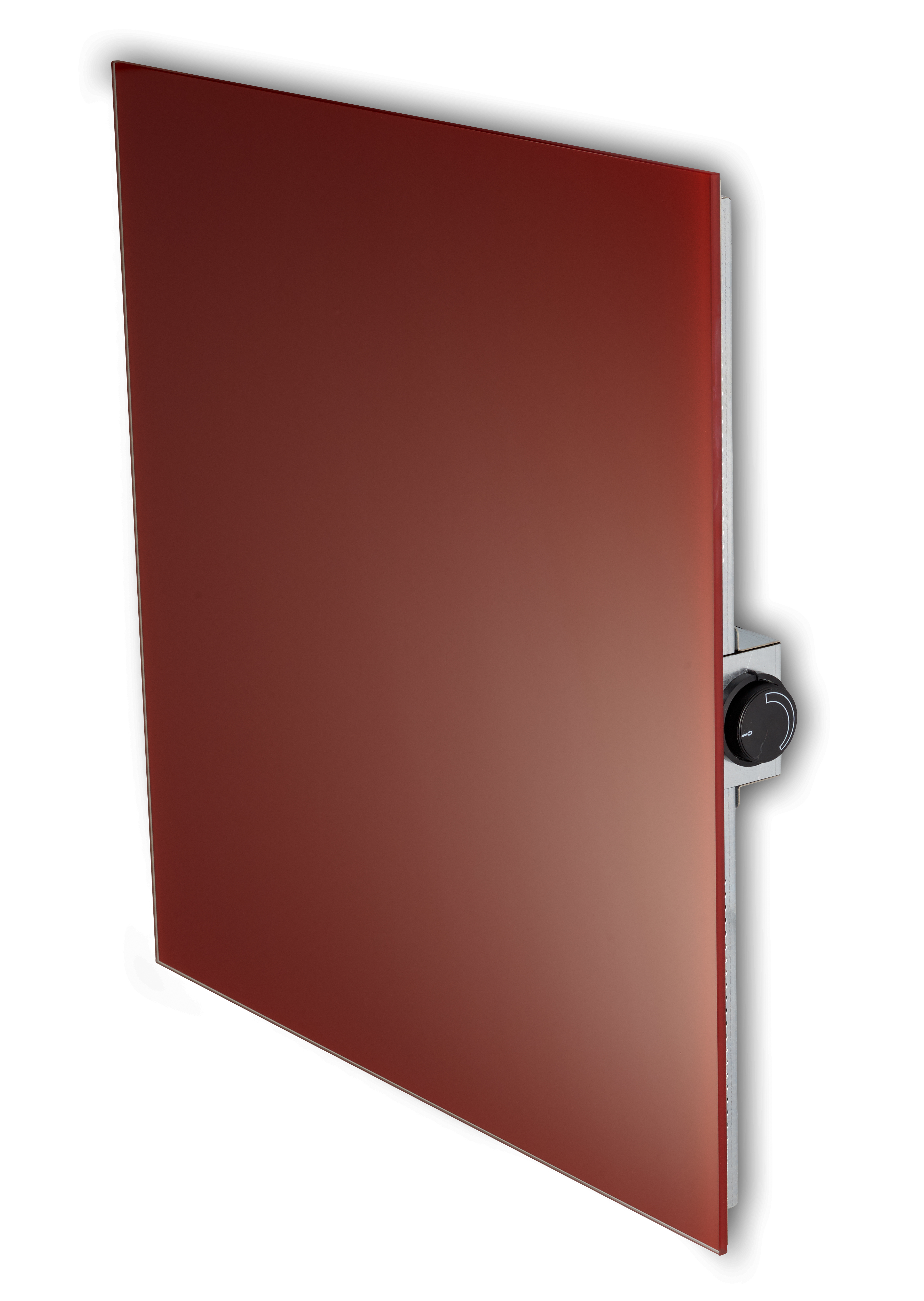 Roter Heizkörper an der Wand mit schwarzem Drehregler.