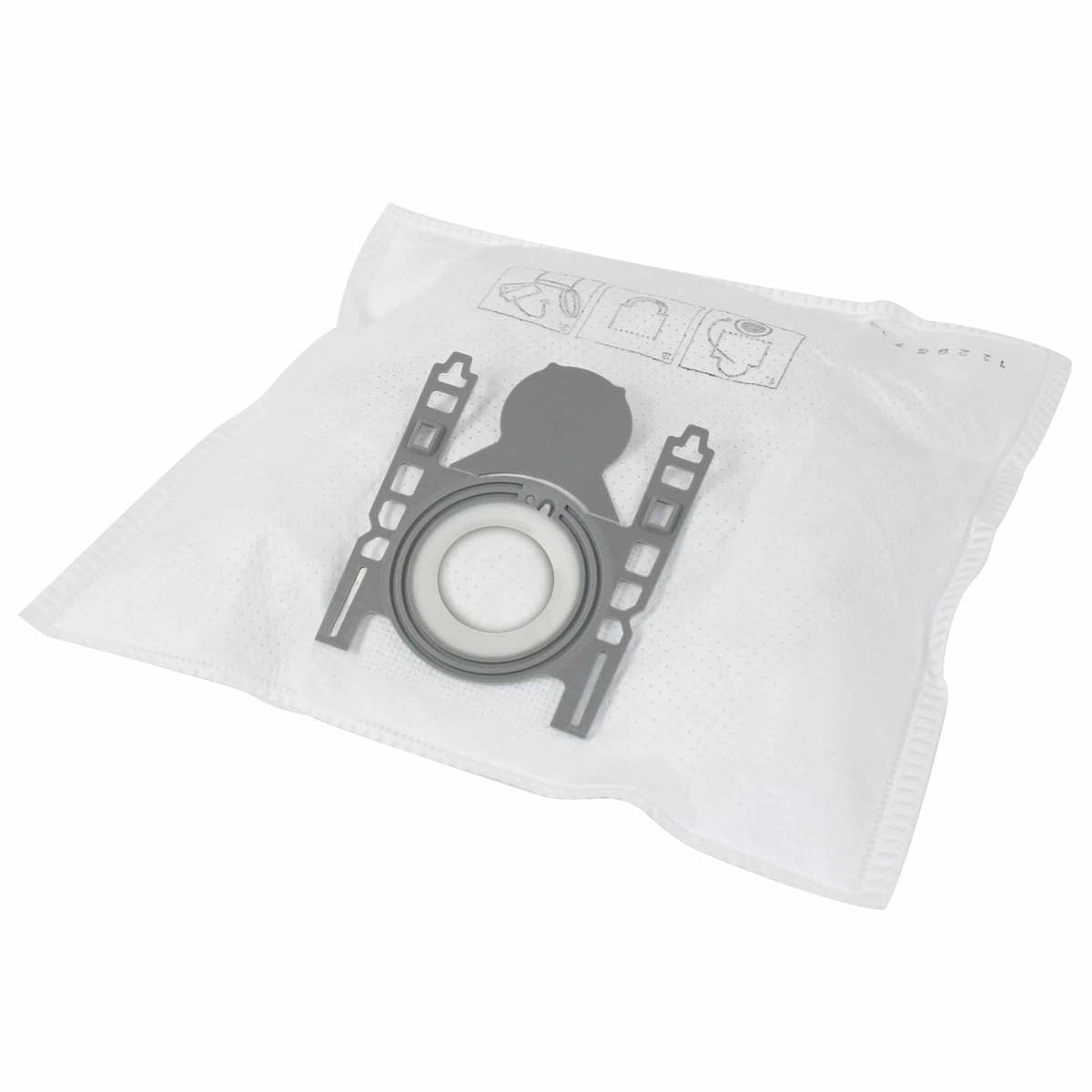 Bolsa de aspiradora con un soporte de plástico gris.