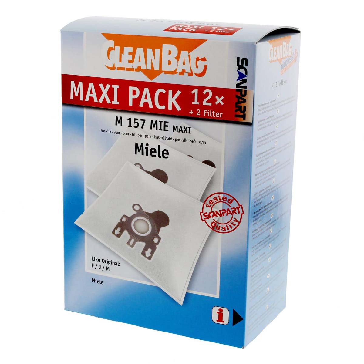 Eine Box mit Staubsaugerbeuteln. Die Box ist blau und weiß mit Bildern der Beutel.