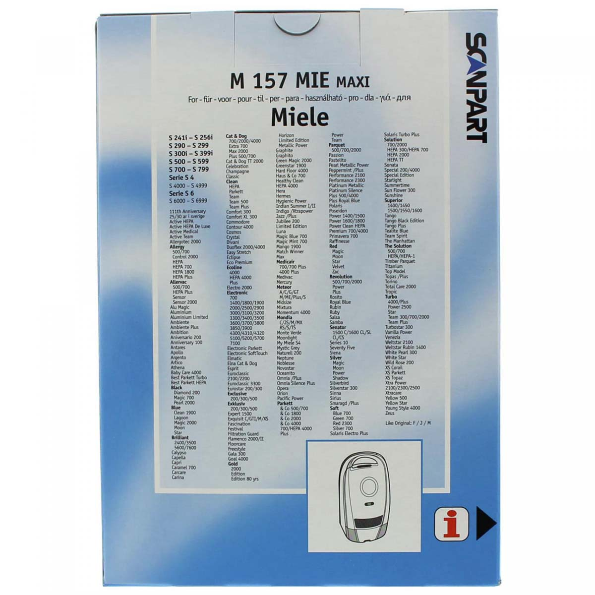 Eine Seite mit einer Liste von Staubsaugermodellen und -teilen von Miele.