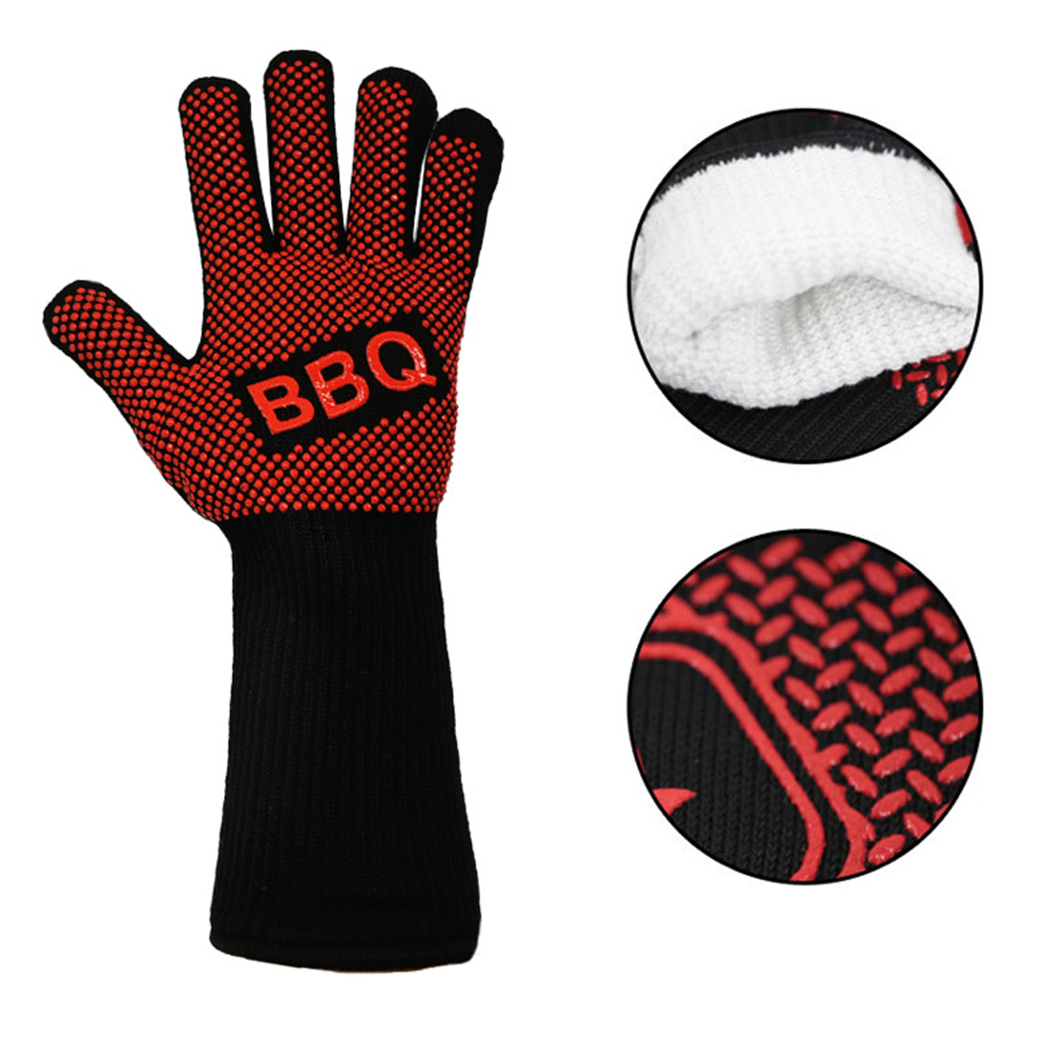 BBQ-Handschuhe mit roten Punkten und schwarzen Manschetten. Details des Stoffes werden gezeigt.
