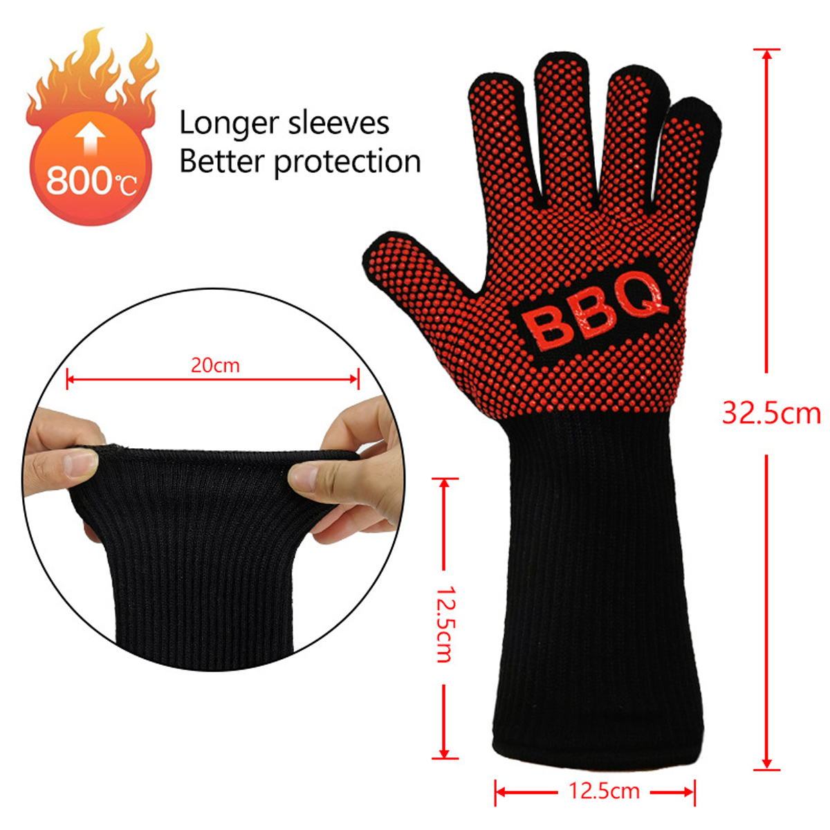 BBQ-Handschuh, rot gepunktete Handfläche und Finger, schwarze Manschette. Text 'BBQ'.
