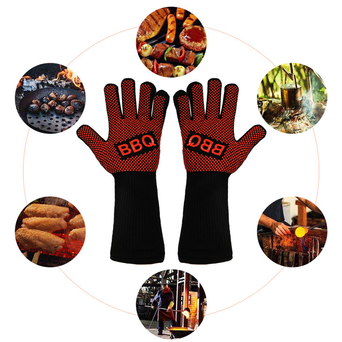 Ein Paar rot-schwarze BBQ-Handschuhe mit Text, umgeben von Bildern von kochendem Essen und Feuer.