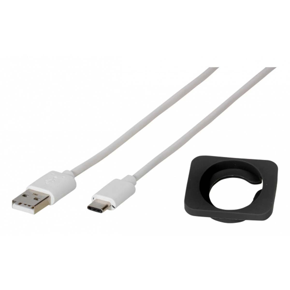 Ein weißes USB-Kabel mit USB-A und USB-C-Anschlüssen daneben ein schwarzer Adapter.