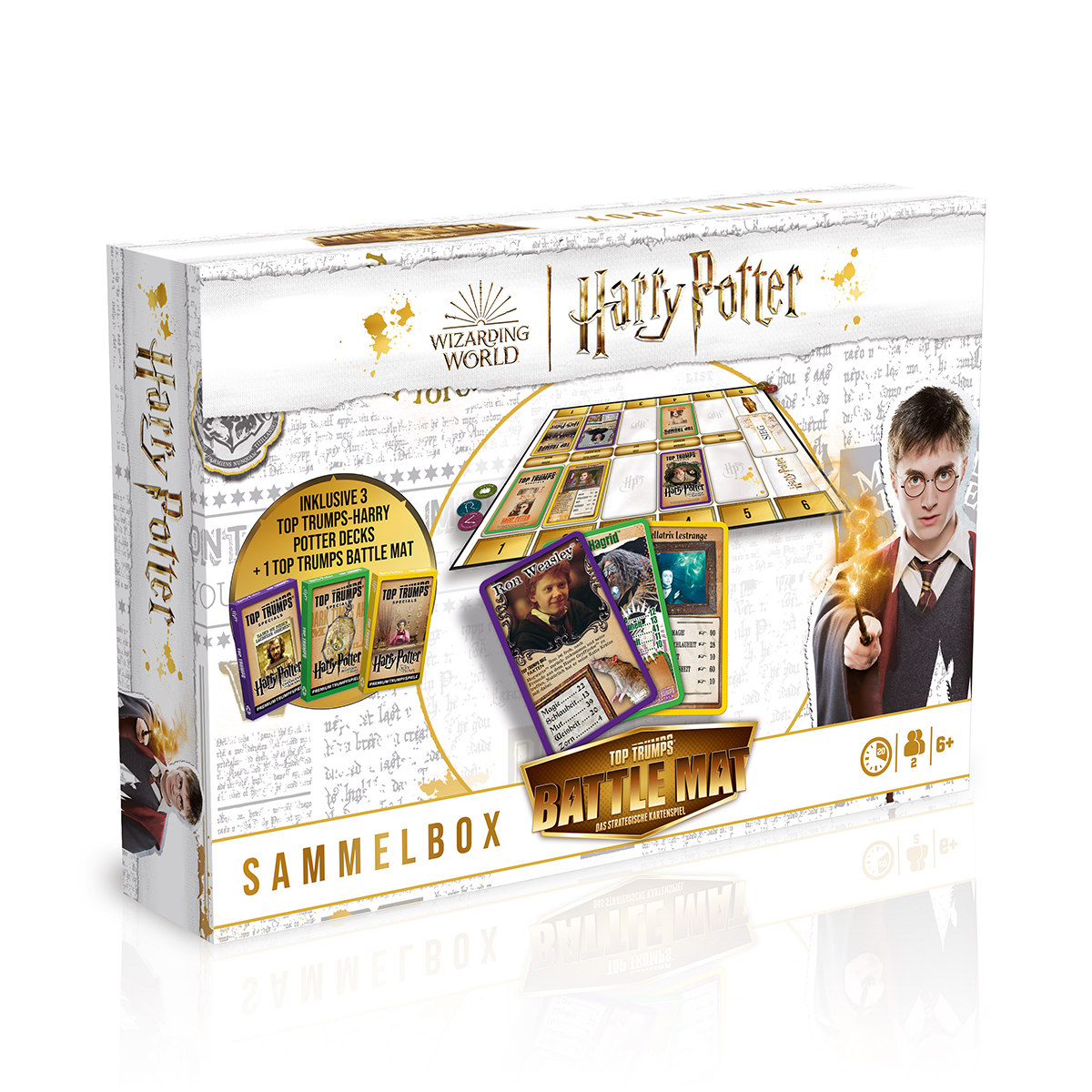 Eine Harry-Potter-Brettspiel-Box. Sie hat den Spieletitel und ein Bild von Harry Potter auf der Vorderseite.