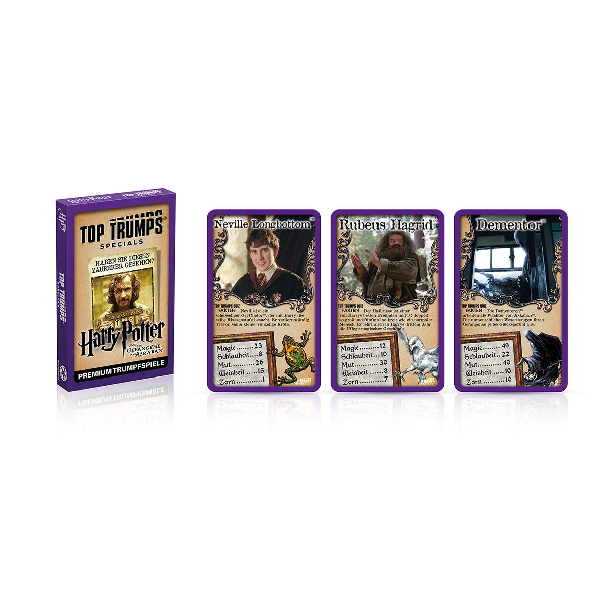 Top Trumps Harry Potter Kartenspiel mit vier Karten. Karten zeigen Charaktere und Statistiken.
