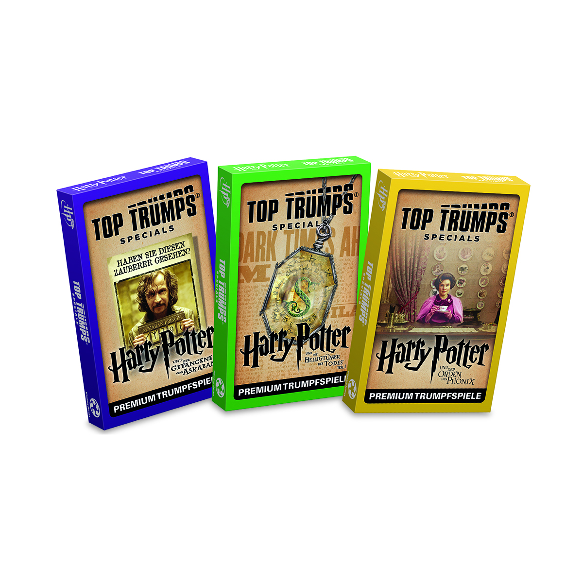 Drei Harry Potter Top Trumps Kartenspiele in Schachteln. Jede Schachtel hat eine andere Farbe: Lila, Grün und Gelb.