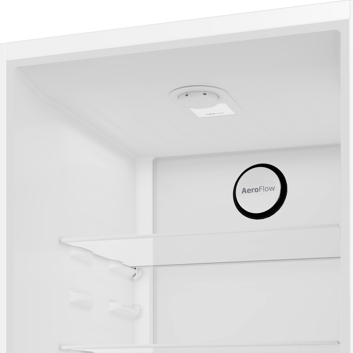 Wnętrze białej lodówki. Widoczne logo AeroFlow, z półką.