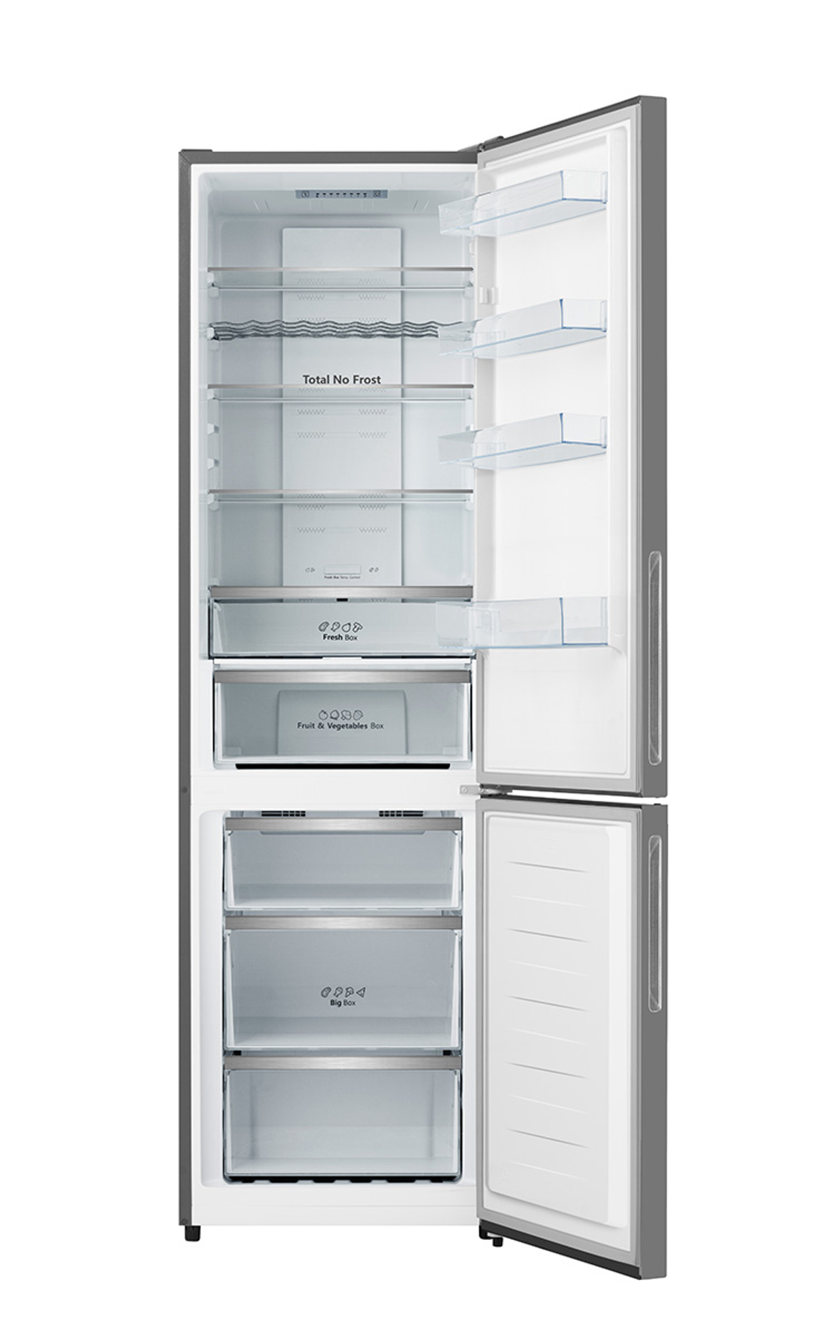 Refrigerador abierto con estantes, cajones organizados y etiqueta 'Total No Frost'.