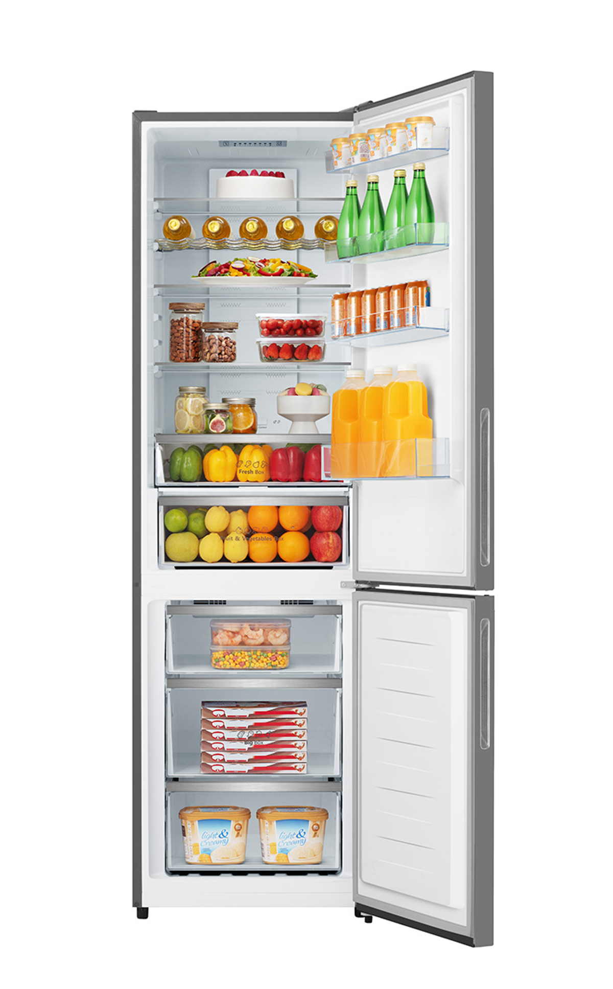 Una nevera abierta, llena de alimentos y bebidas. Frutas, verduras y productos envasados.