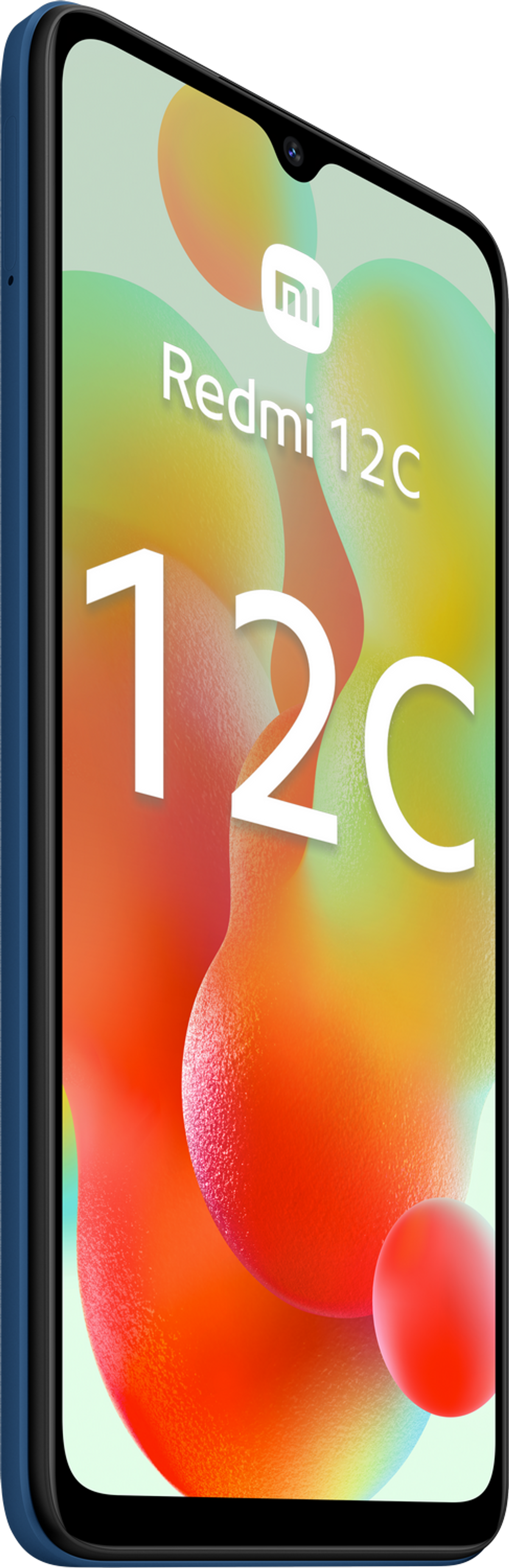 Smartphone Redmi 12C en azul. La pantalla muestra un fondo abstracto colorido.