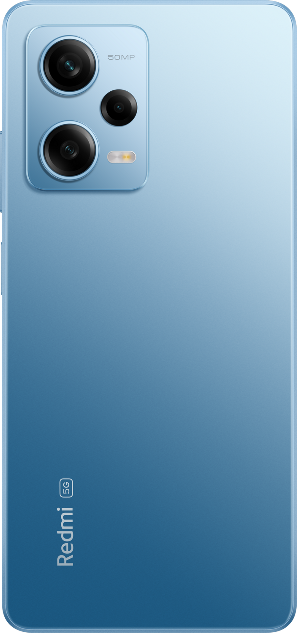 Achterkant van een blauwe Redmi-telefoon. De camera bevindt zich bovenaan.