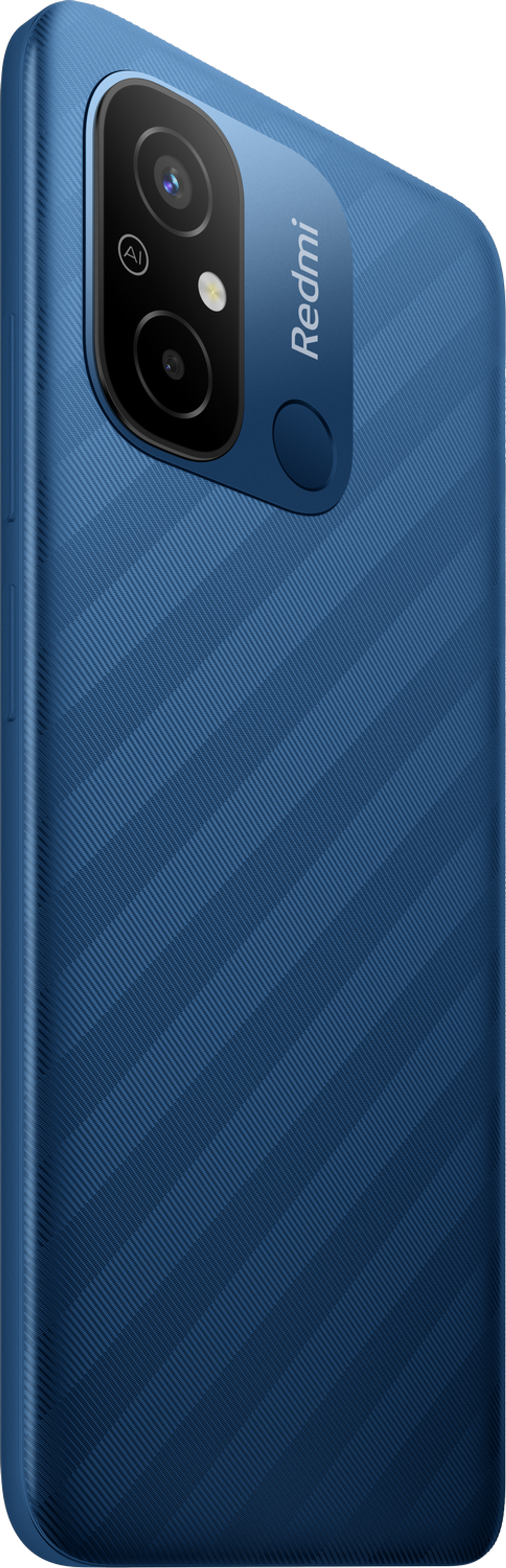 Una funda azul para teléfono con cámara, con el logotipo de Redmi. La funda tiene una superficie texturizada.
