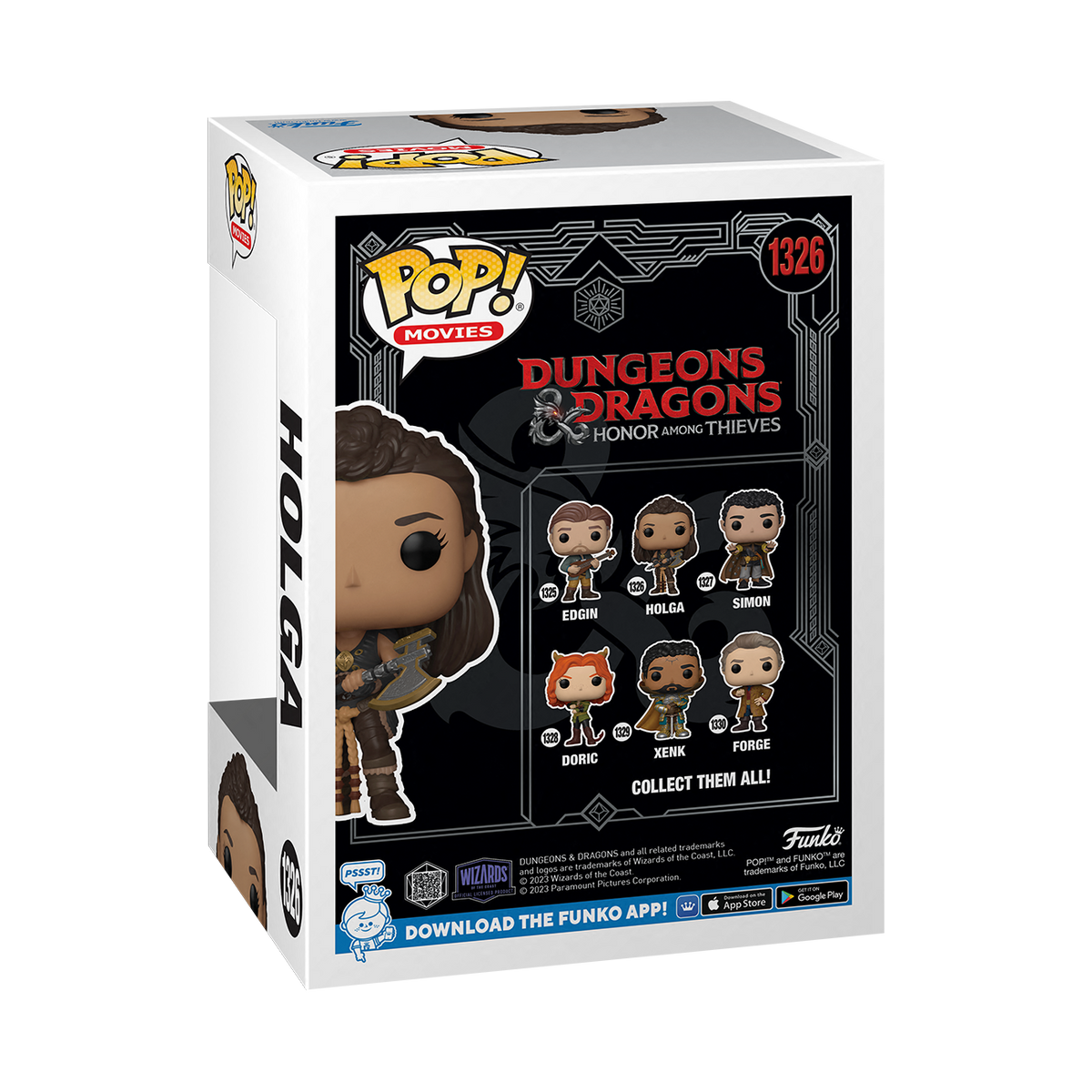 Eine Funko Pop-Box mit Dungeons & Dragons-Charakteren. Holga-Figur an der Seite und Charaktere auf der Rückseite.