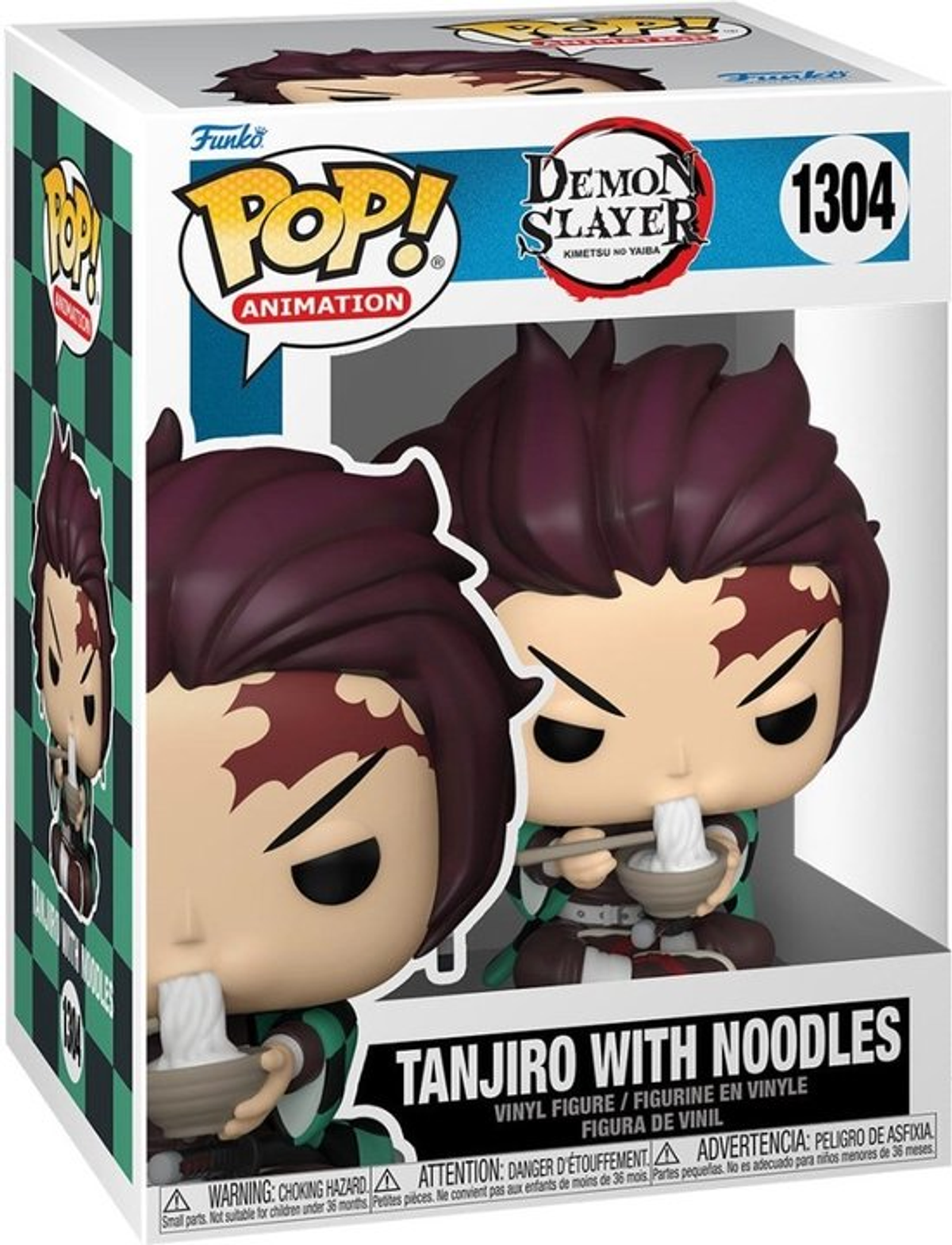 Funko Pop Figur von Tanjiro mit Nudeln, in einer Displaybox.