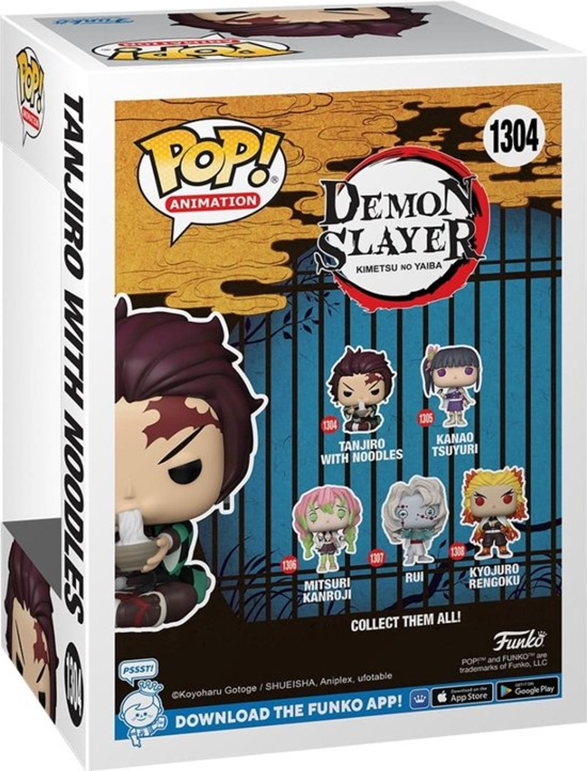 Rückseite einer Funko Pop Box für Tanjiro mit Nudeln, mit anderen Figuren.