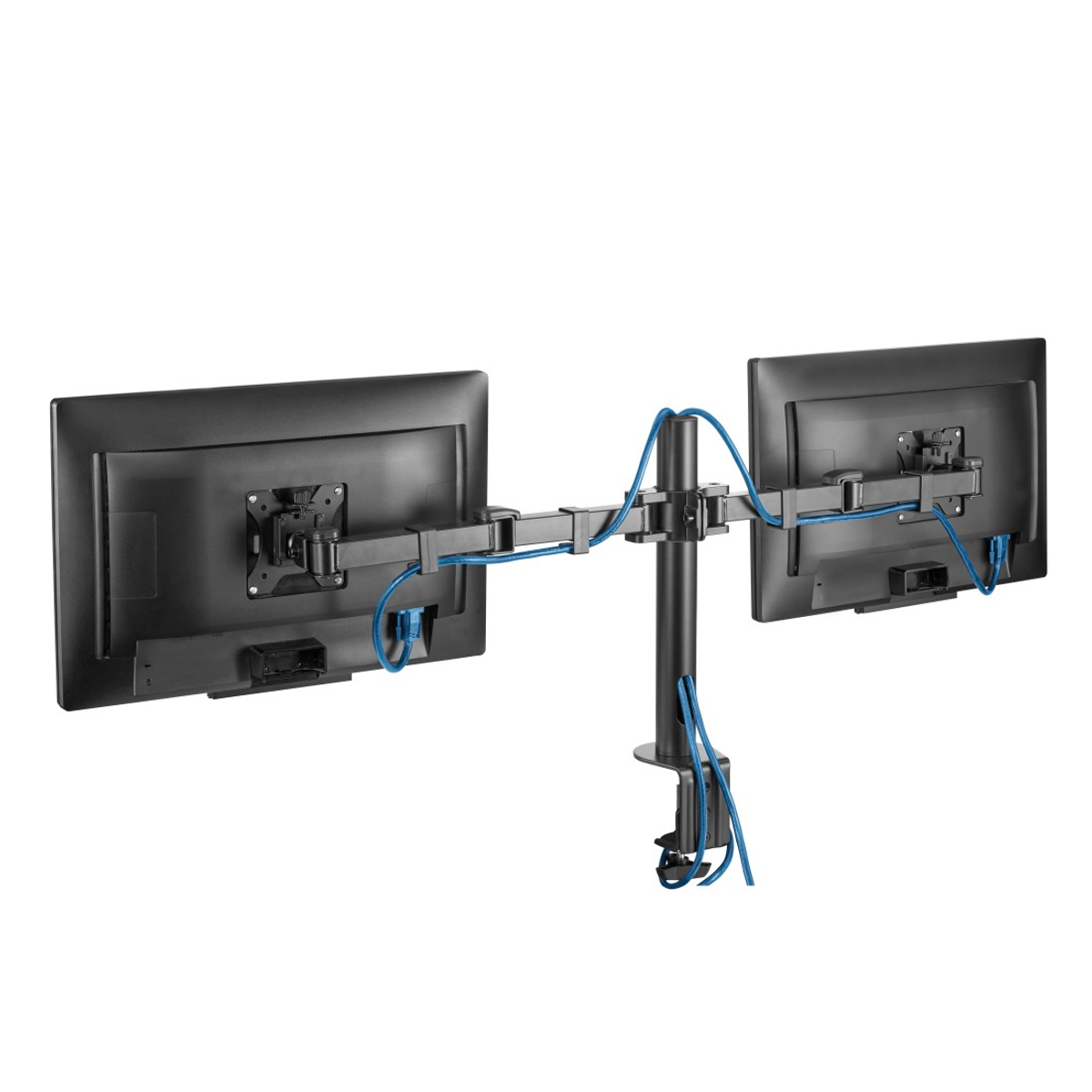 Doppelmonitorständer mit Monitoren und blauen Kabeln.