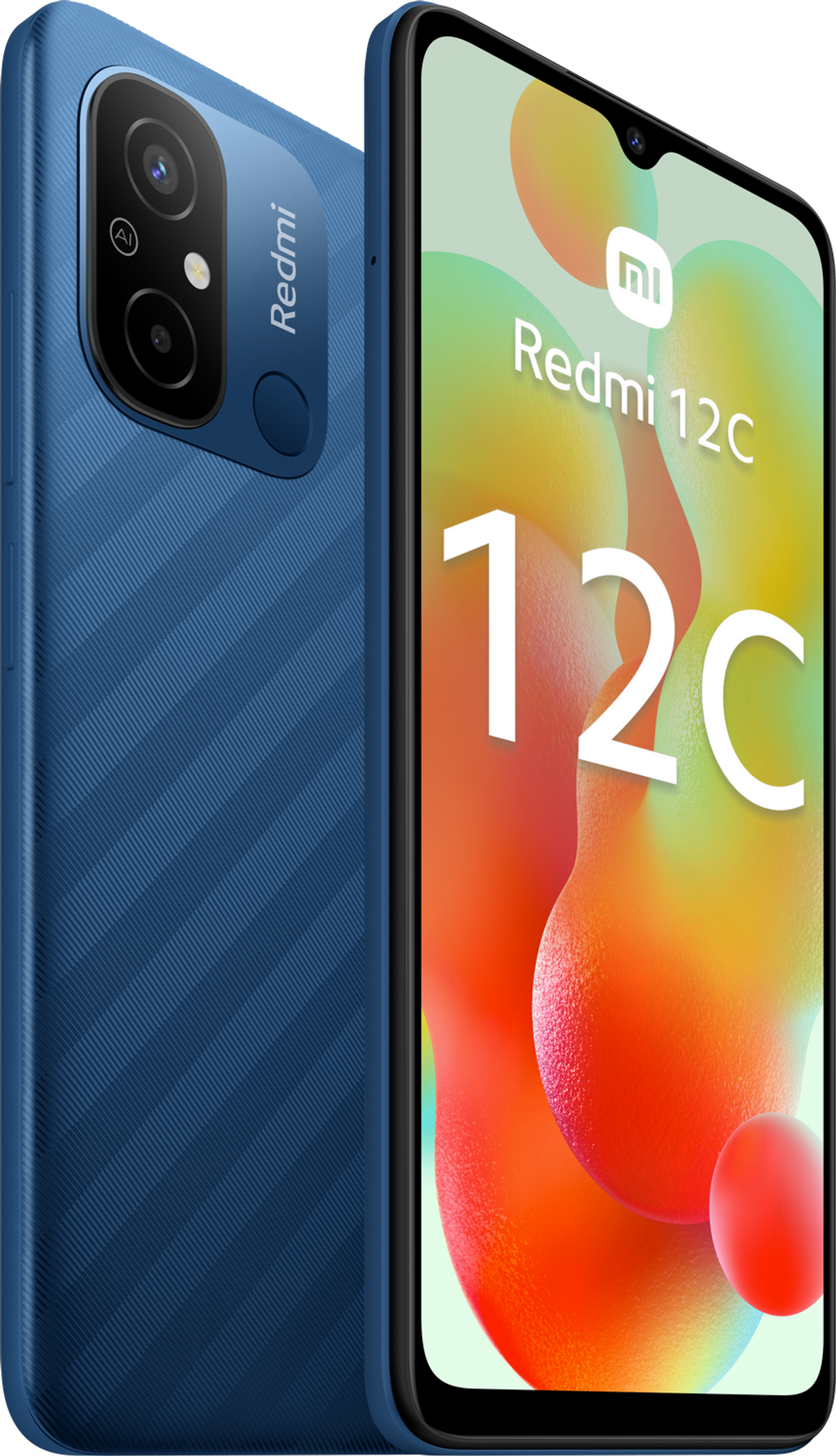 Blaues Smartphone schräg, zeigt Kamera und Bildschirm mit Symbolen und Namen.